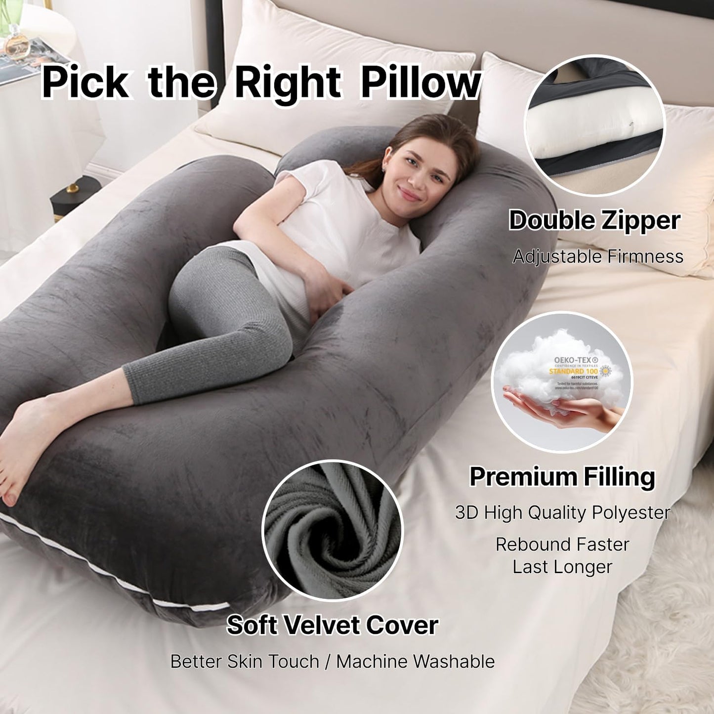 ALLOPERA 57 Inch Pregnancy Pillow for Sleeping, Full Body Support Pillow with Removable Washable Cover for Maternity Comfort, Black Grey Velvet Cover