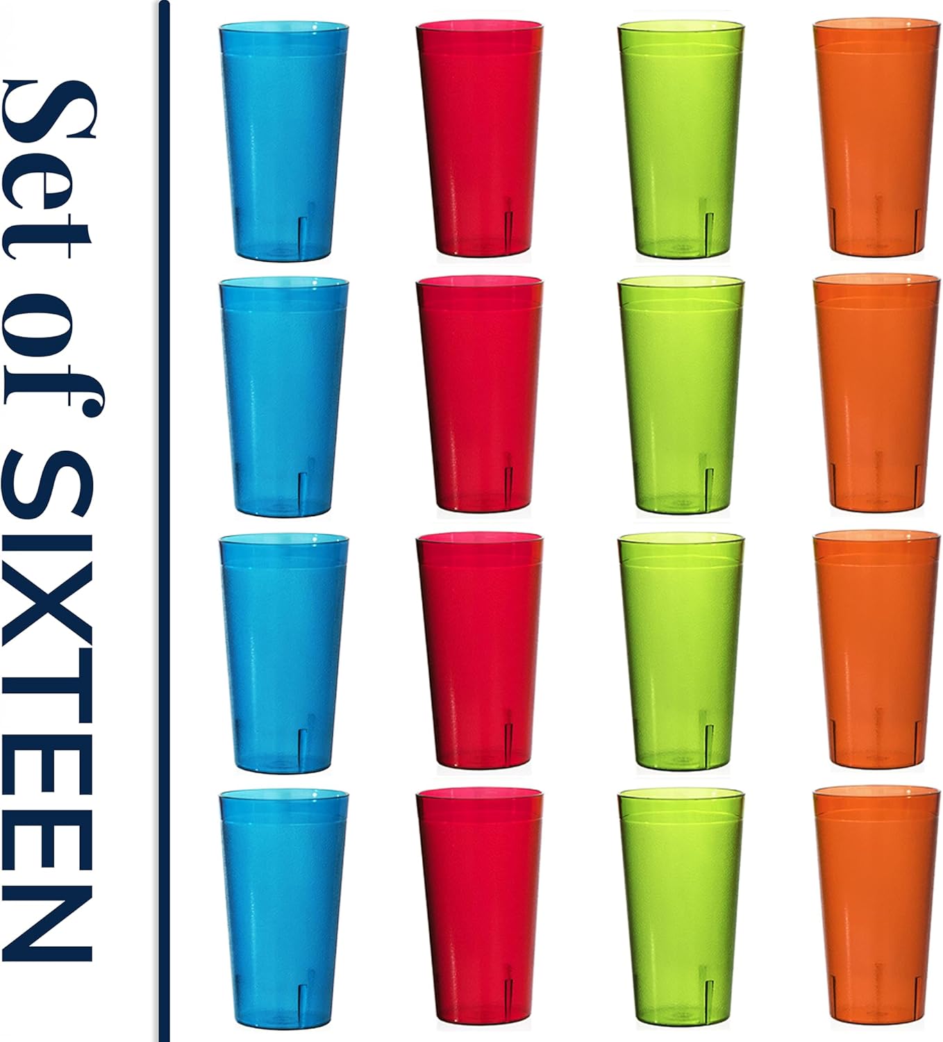 US Acrylic Cafe Plastic Reusable Tumblers (Set of 16) 20-ounce Water Cups Assorted Colors | Restaurant Style Drinking Glasses Value Set, Stackable, BPA-free, Made in the USA | Top-rack Dishwasher Safe