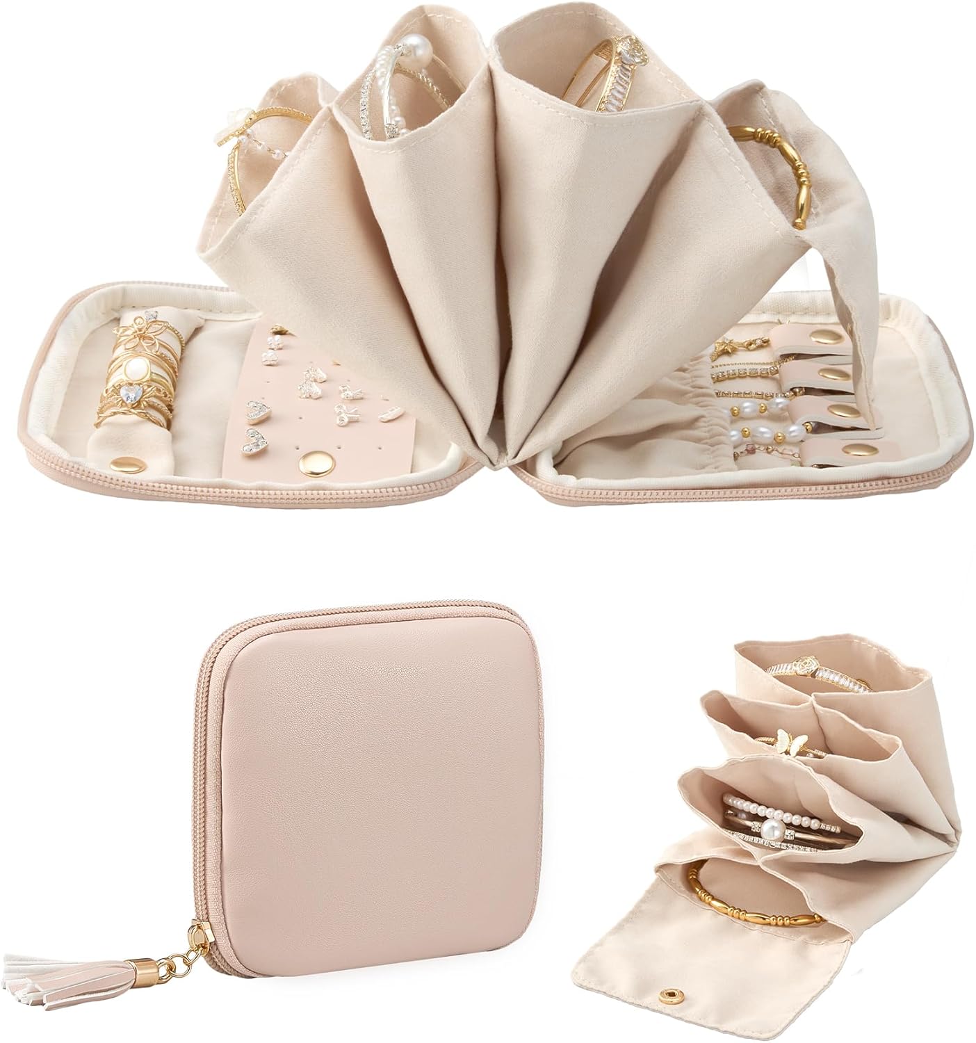 Lolalet Travel Jewelry Case Organizer, Small Jewellery Pouch with Compartments for Storage, Soft Velvet Bag for Traveling Women, Full-Zip Packing for Necklaces, Earrings, Bracelets -Apricotpink