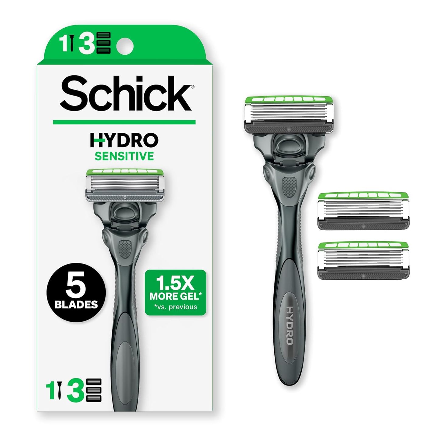 Schick Hydro Sensitive Razors for Men, 1 Razor Handle with 3 Razor Blades Refills