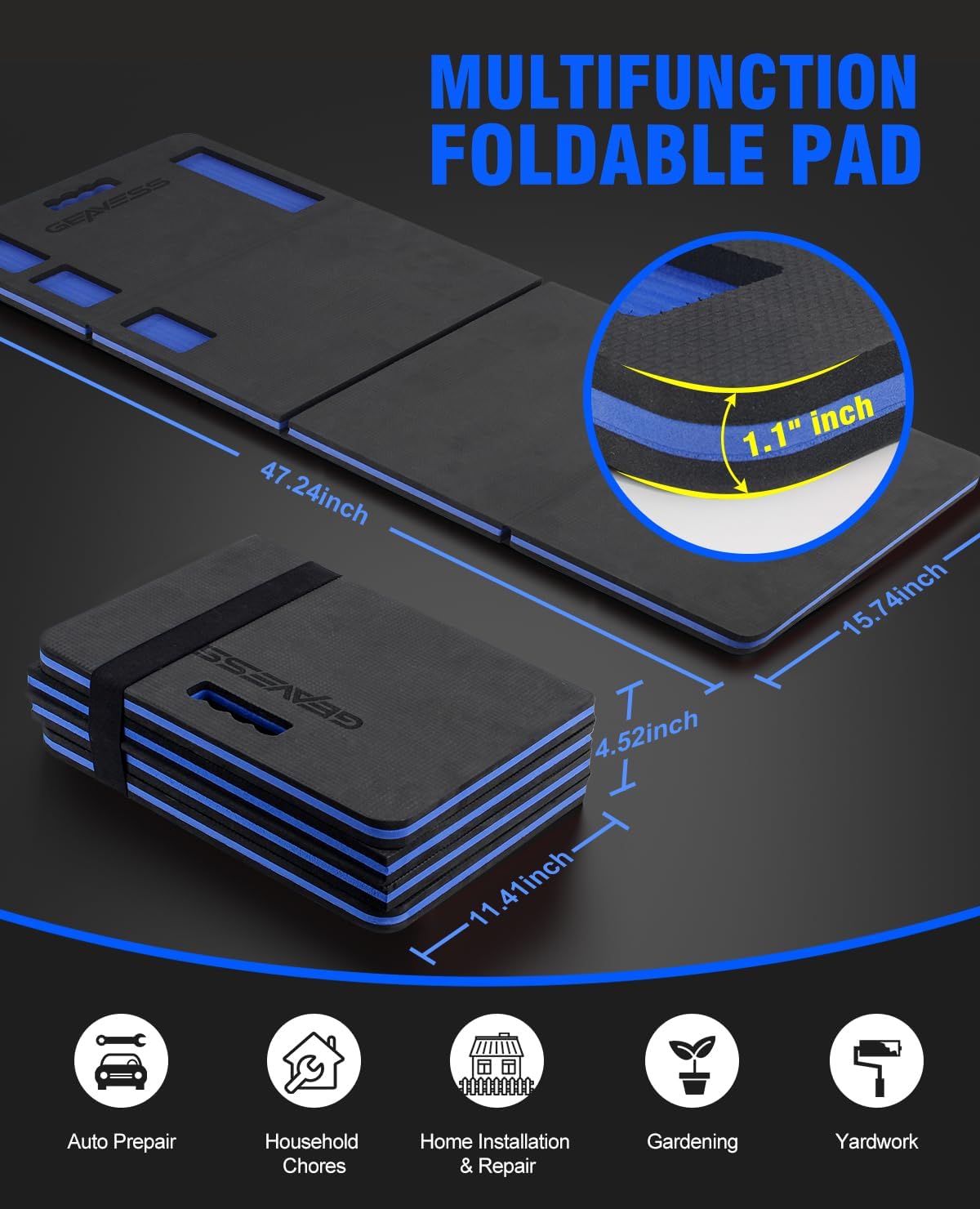 Mechanic Mat, Foldable Mechanic Kneeling Pad with Tray, 47.2"x15.7"x1.1"