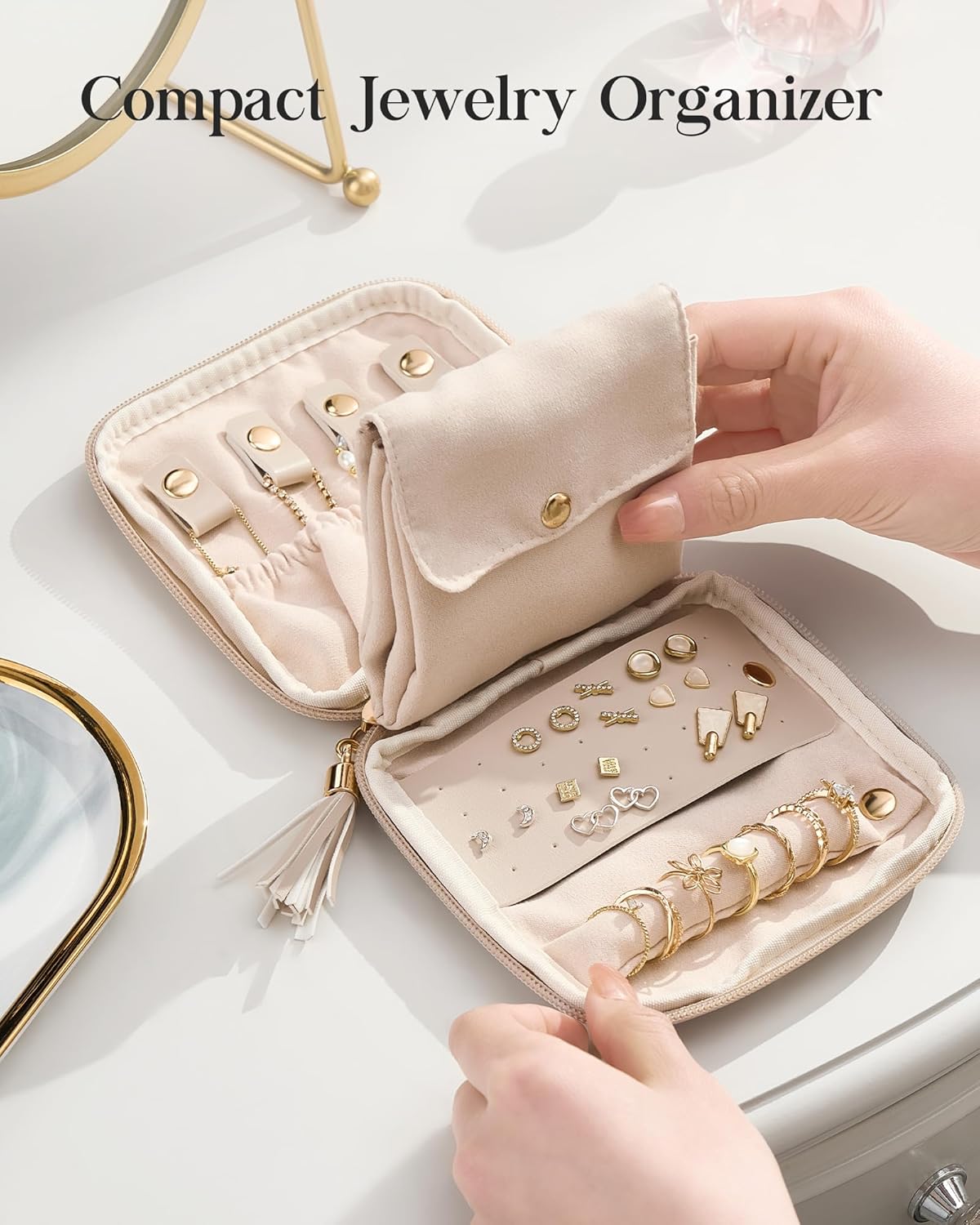 Lolalet Travel Jewelry Case Organizer, Small Jewellery Pouch with Compartments for Storage, Soft Velvet Bag for Traveling Women, Packing for Necklaces, Earrings, Bracelets -Oatmeal