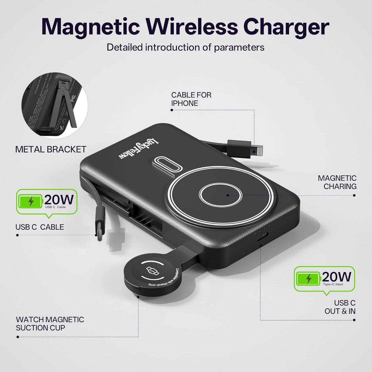 Magnetic Portable Charger Built-in Cables,10000mAh Fast Charging Wireless Charger Station External Battery Pack Slim Pocket Size Power Bank with Stand Compatible with iWatch, iPhone