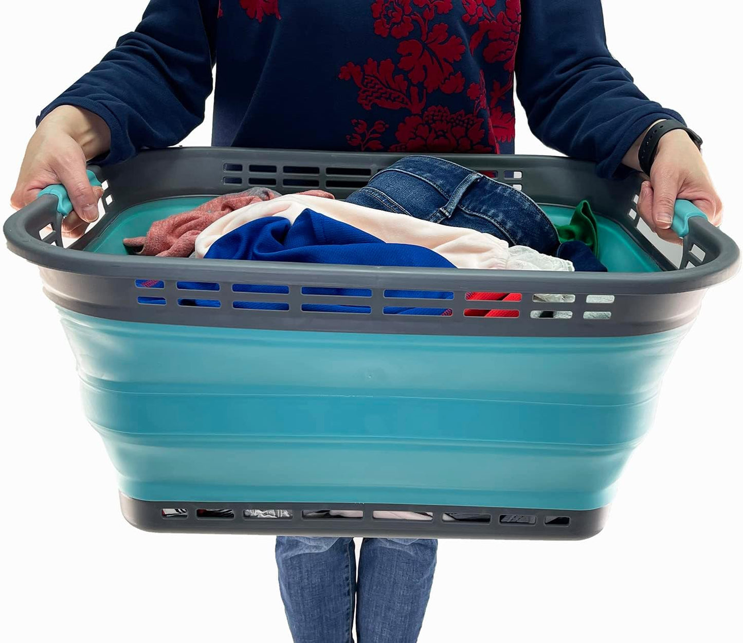 SAMMART 42L (11 Galloons) Collapsible Plastic Laundry Basket - Foldable Pop Up Storage Container/Organizer - Portable Washing Tub - Space Saving Hamper/Basket[BPA Free] (Grey/Crystal Blue (Set of 2))