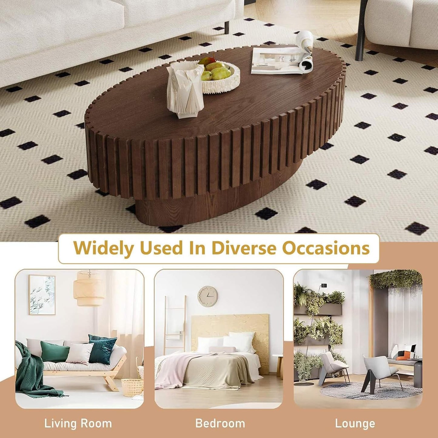 Mid Century Modern Oval Fluted Coffee Table (L) | Handcraft Drum Coffee Table, Sturdy Pedestal, Wood Veneer Top, for Living Room Reception Room Farmhouse