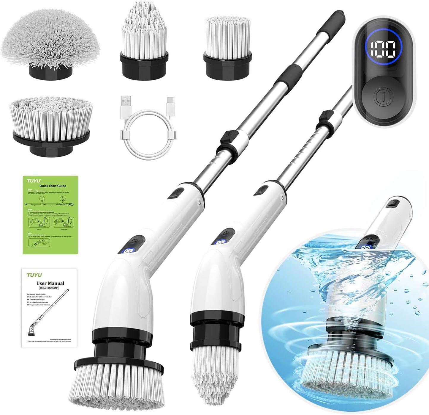 TUYU Electric Spin Scrubber, Full-Body IPX7 Waterproof Bathroom Scrubber with Power LCD Display, 8 Replacement Head, Adjustable Extension Handle, Cordless Shower Cleaner Brush for Bathtub Cleaning