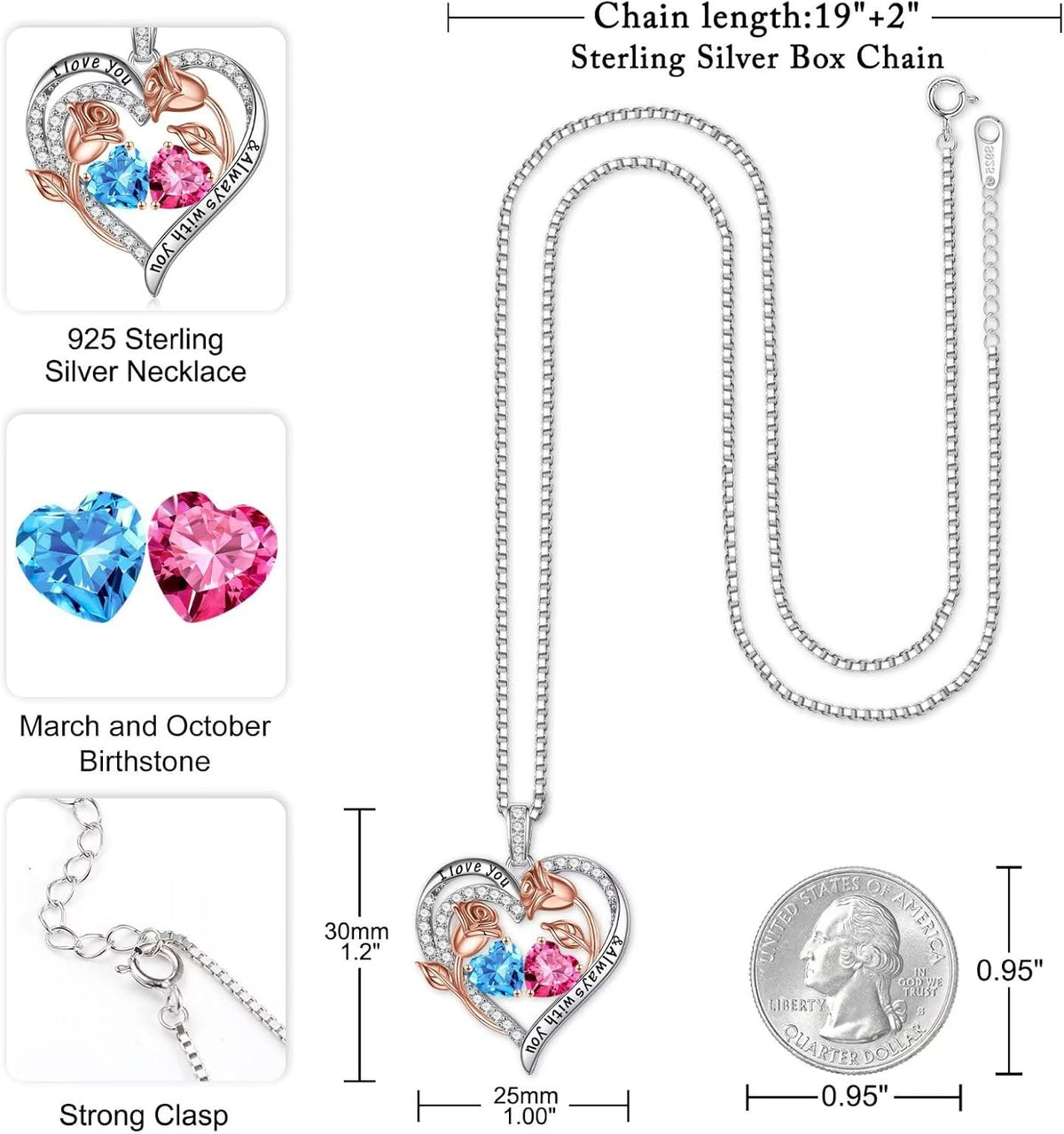 Iefil Birthstone Necklace for Women - Rose Heart Necklace