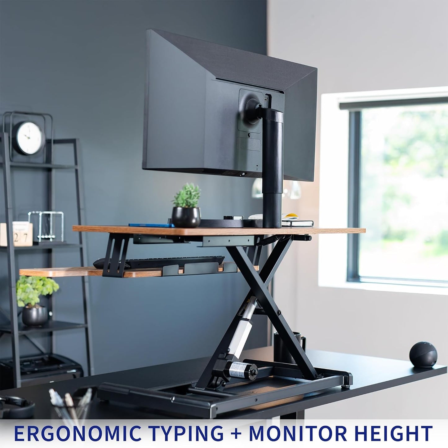 VIVO 36 inch Electric Motor Desk Converter, Height Adjustable Riser, Sit to Stand Dual Monitor and Laptop Workstation with Wide Keyboard Tray, Vintage Brown, DESK-VE36N