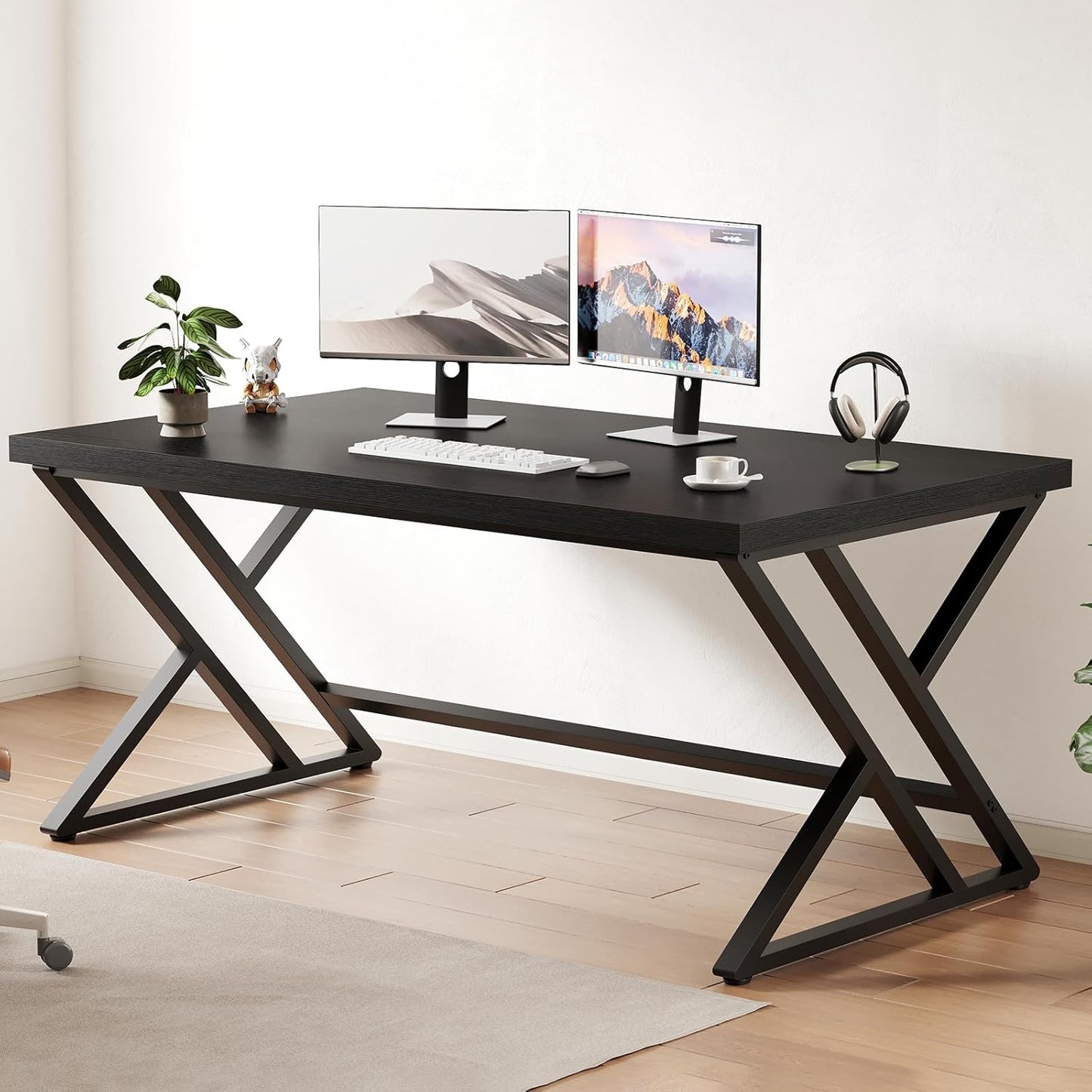 LVB Black Office Desk, Modern Writing Computer Desk for Home Office, Industrial Metal Wood Study Work PC Gaming Computer Table for Bedroom, Executive Student Workstation Desk, 47 Inch, Black Oak