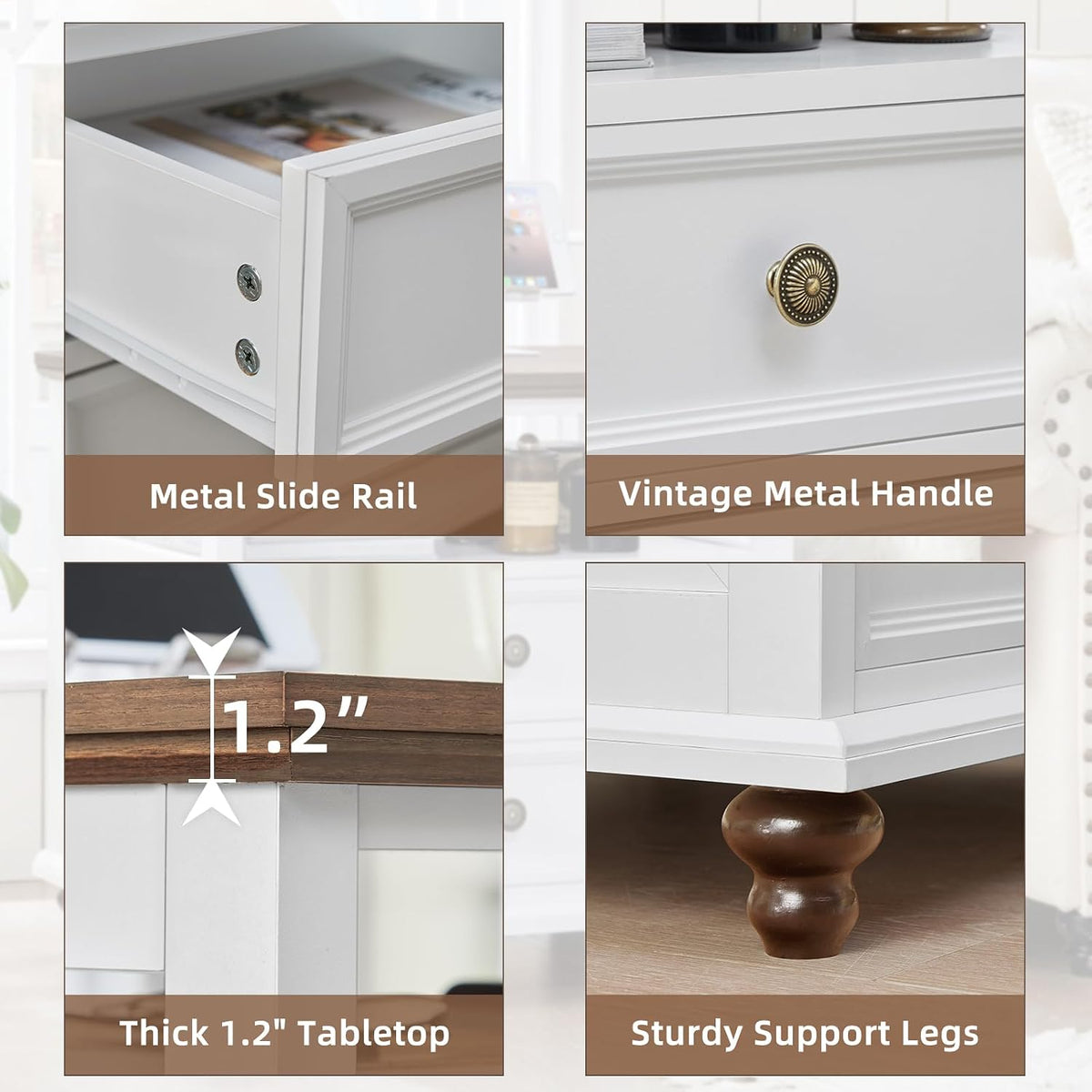 Joaxswe 24" Wide Farmhouse Night Stand Set of 2,Large End Table with 2 Drawers & Metal Handle,White Wood Dresser for Bedroom, Bed Side Table Chest of Drawers Cabinet, Nightstand for Living Room,Closet