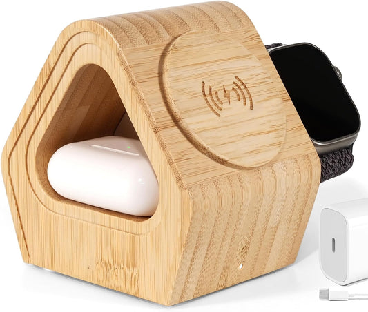 Bamboo Wireless Charger for Apple|3-in-1 Charger Stand|Cabin Style | Fast-Charging Station for MagSafe iPhone 17 16 15 14 13 12 Series, Watch 11-2, SE, Ultra& AirPods 4-2|Pro(20W Adapter)Natural