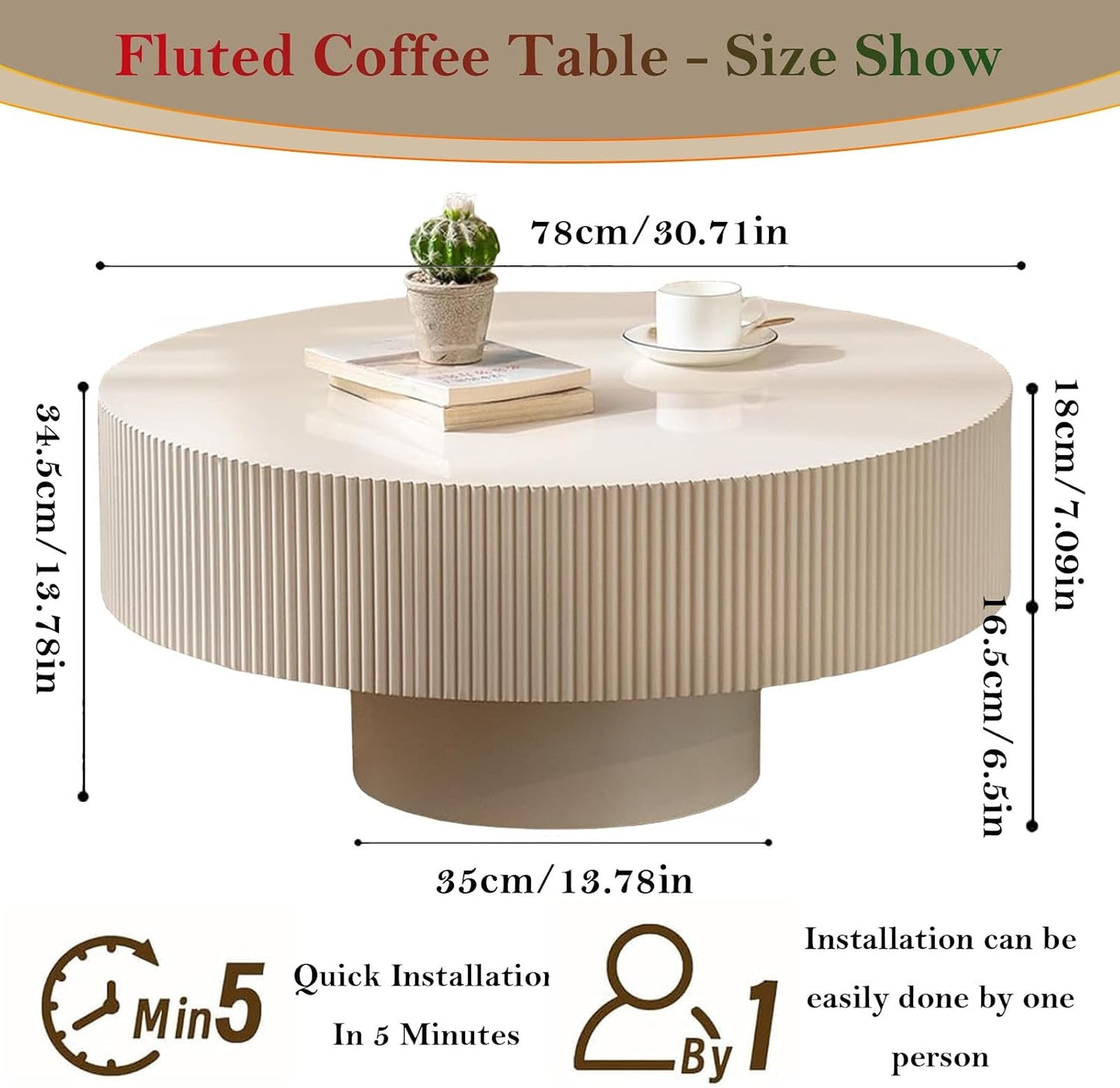 Ivory White Round Fluted Coffee Table (Lvory White Thicken 30.71in) | Rustic Circular Pedestal Center Table, with Round Thicken Tabletop & Sturdy Pedestal | for Living Room Study Farmhouse