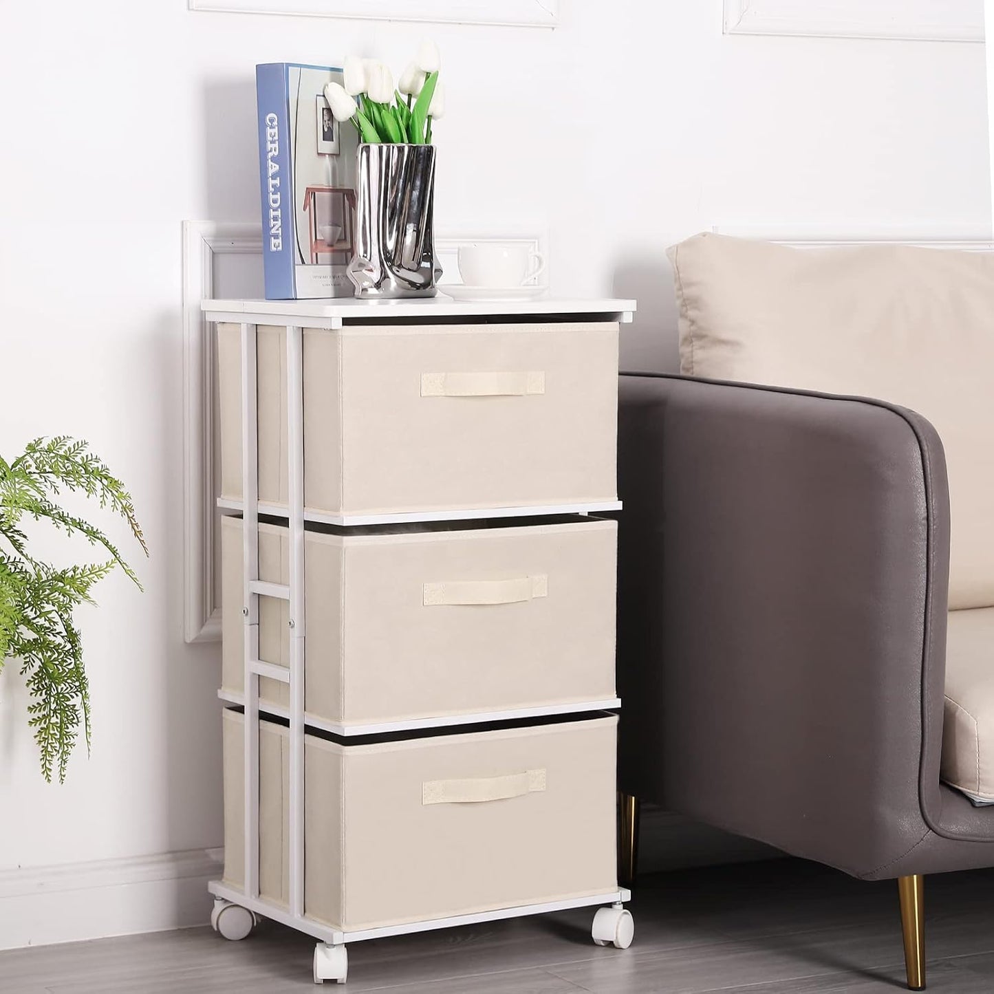 MAX Houser Dresser Tower with 3 Drawers for Bedroom, Fabric Storage Organizer Unit, Chest of Drawers with with WoodTop, Small Vertical Storage for Guest Room, Closet, Entryway, Nursery(Beige)