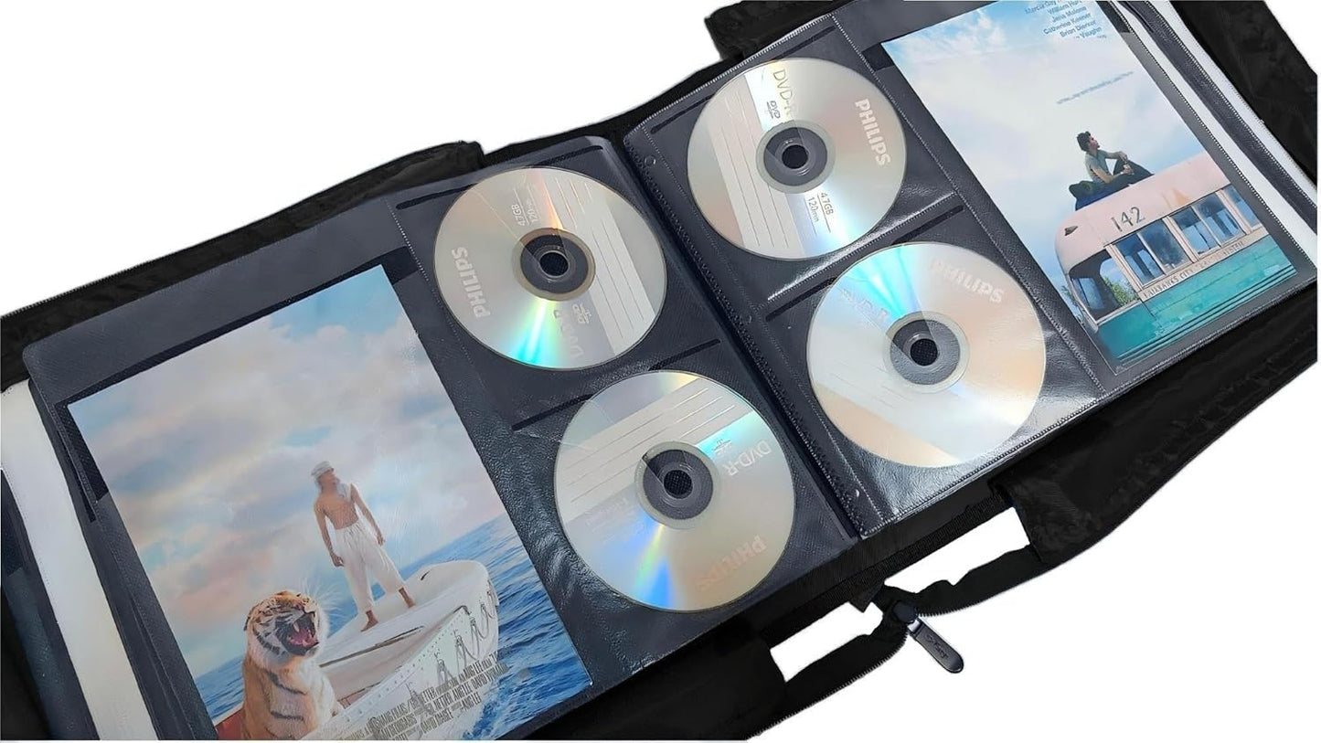 DVD CD Storage Case with Extra Wide Title Cover Pages for Blu Ray Movie Music Audio Disk (Portable Carrying Binder Holder Wallet Album Home Organizer Shelf)- Black, 192 Disk Units, 96 Booklet Pockets