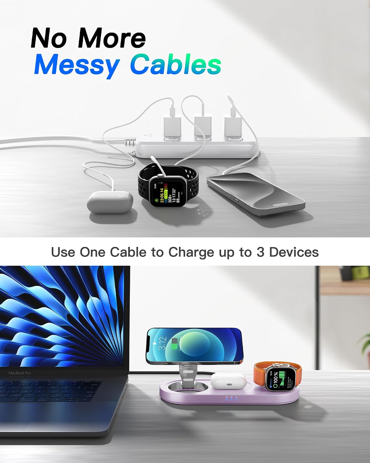 Foldable 3 in 1 Wireless Charging Station for Apple Mag-Safe Charger Stand | Fast Magnetic Wireless Charger Station for iPhone 17 Air 16 15 14 13 12, Apple Watch, AirPods Pro/4/3/2, and More (Purple)