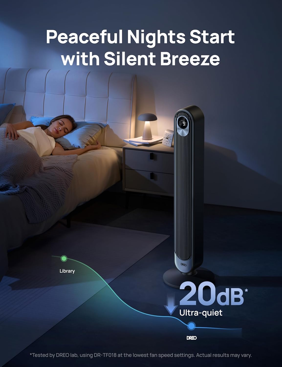 DREO Smart Tower Fan for Bedroom, Floor Standing Bladeless Oscillating Fan with Remote, 9 Speeds, 4 Modes, 12H Timer, for Indoor Bedroom Home Office, WiFi Voice Control