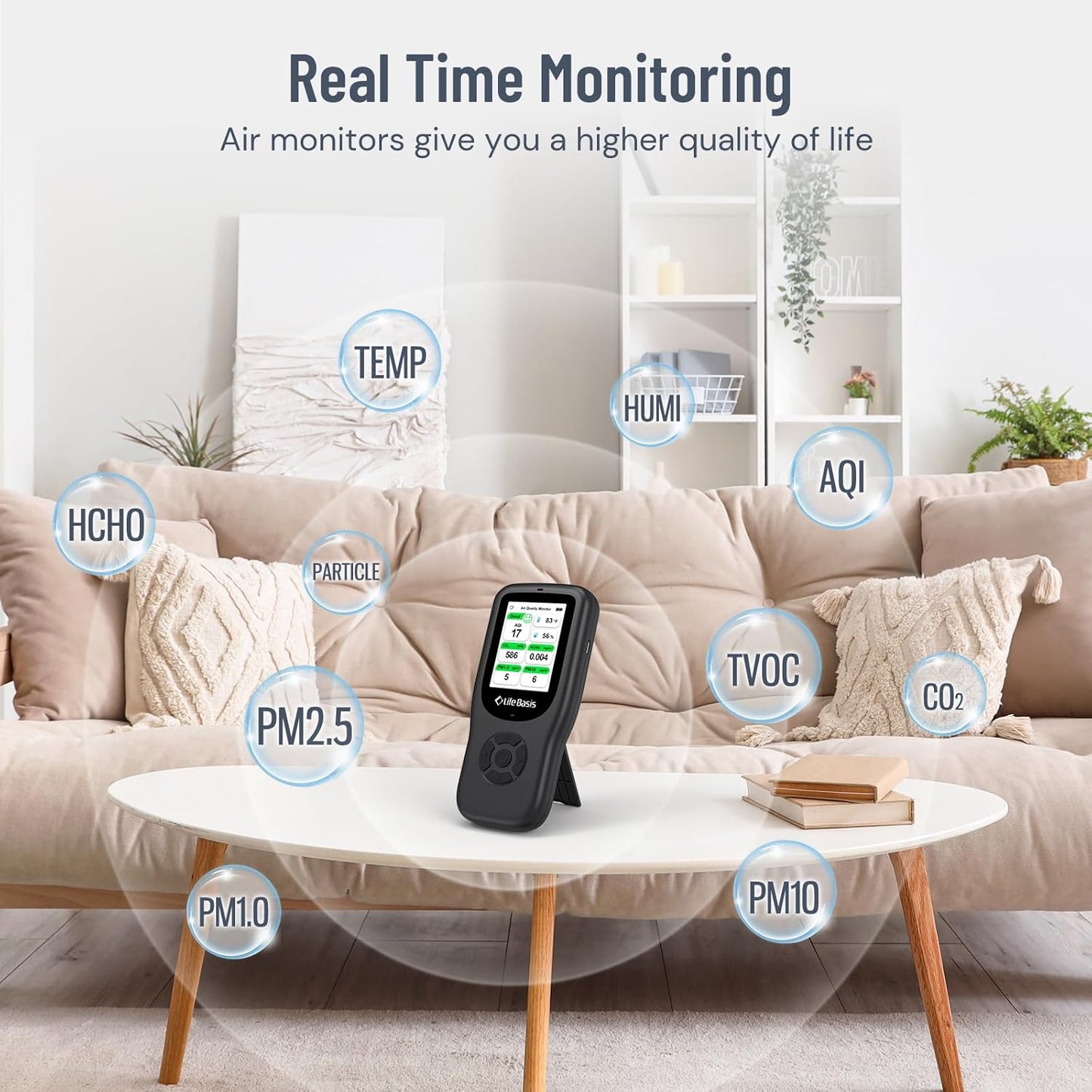 LifeBasis Air Quality Monitor Indoor, 11-in-1 Air Quality Detector with Stand, Air Meter Test AQI, PM1.0, PM2.5, PM10, CO2, TVOC, HCHO, Particles, Temperature and Humidity with Alert