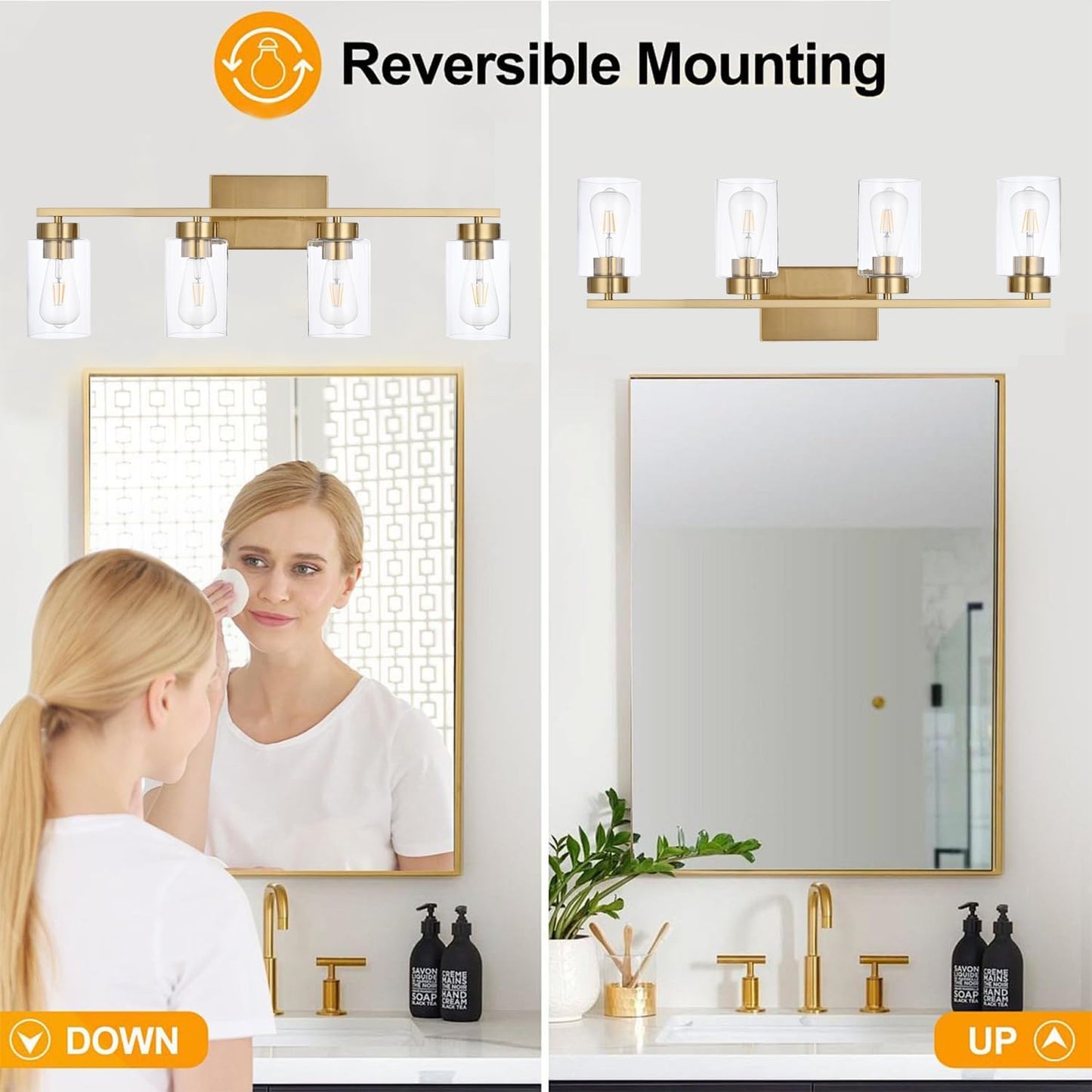 4 Light Bathroom Vanity Light Fixtures, Brushed Brass Modern Wall Lights with Clear Glass Shade, Vintage Wall Sconce Lighting for Living Room, Mirror, Bedroom, Hallway (Gold, 4-Lights)