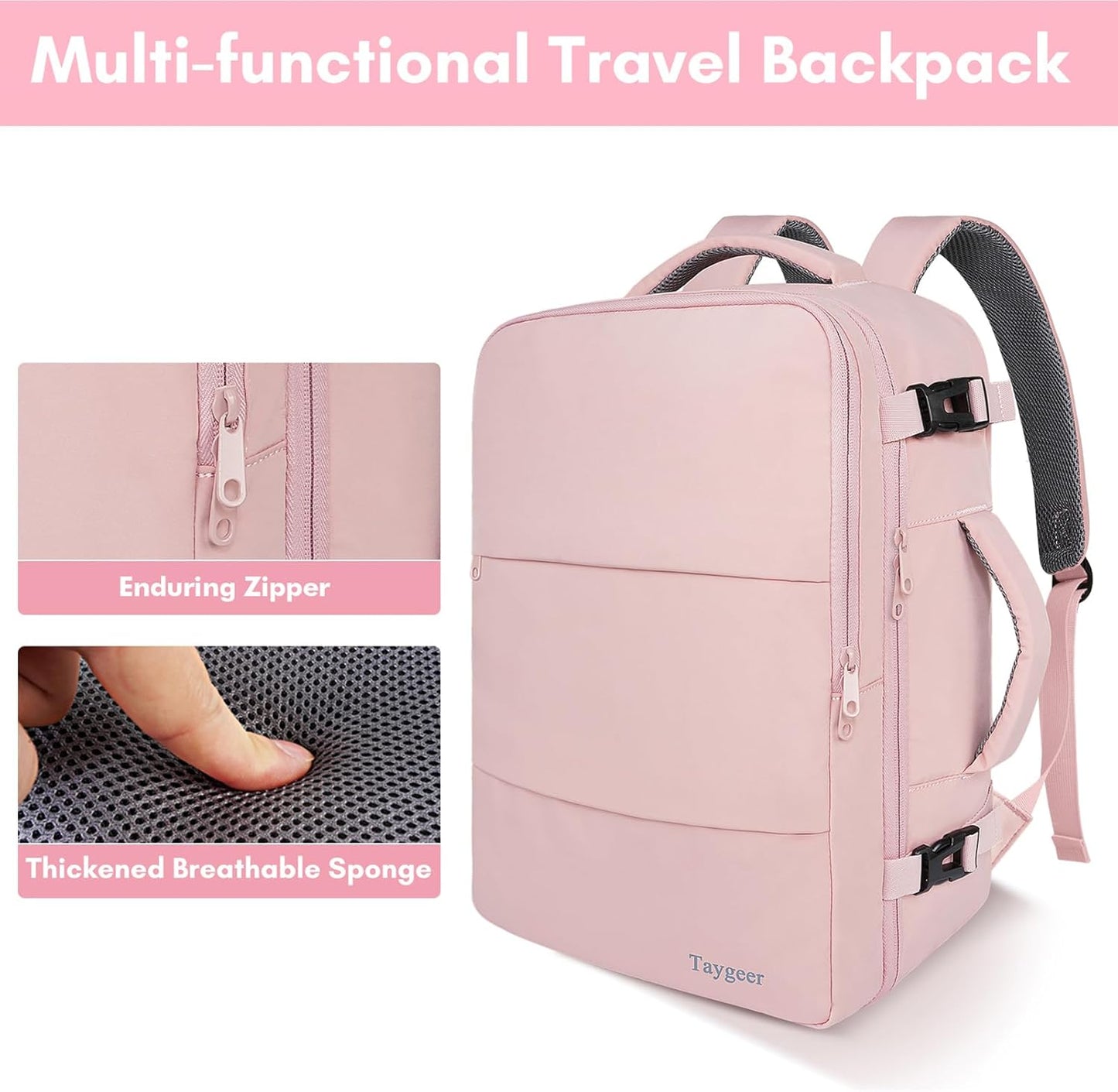 Taygeer Travel Backpack for Women, Carry On Backpack with Water Bottle Pocket & Shoe Pouch, TSA 15.6inch Laptop Mochila Flight Approved, Nurse Bag Casual Daypack for Weekender Business Hiking, Pink