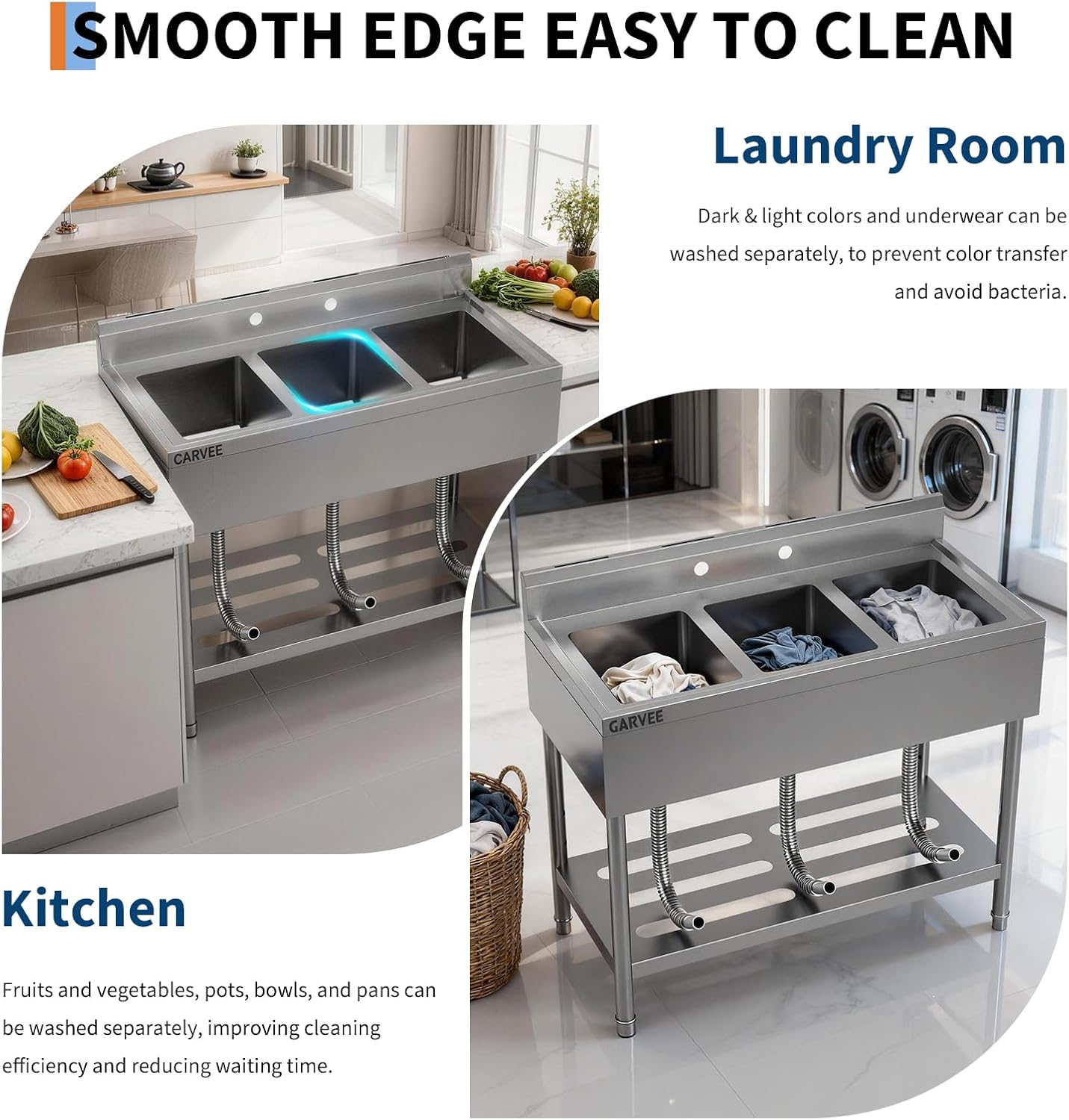 Utility Sink, Freestanding 3 Compartment Sink(18" x 10" x 8"), Stainless Steel Commercial Restaurant Sinks, Laundry Tub with 2 Pre-Drilled Faucet Holes(39" x 13" x 33")