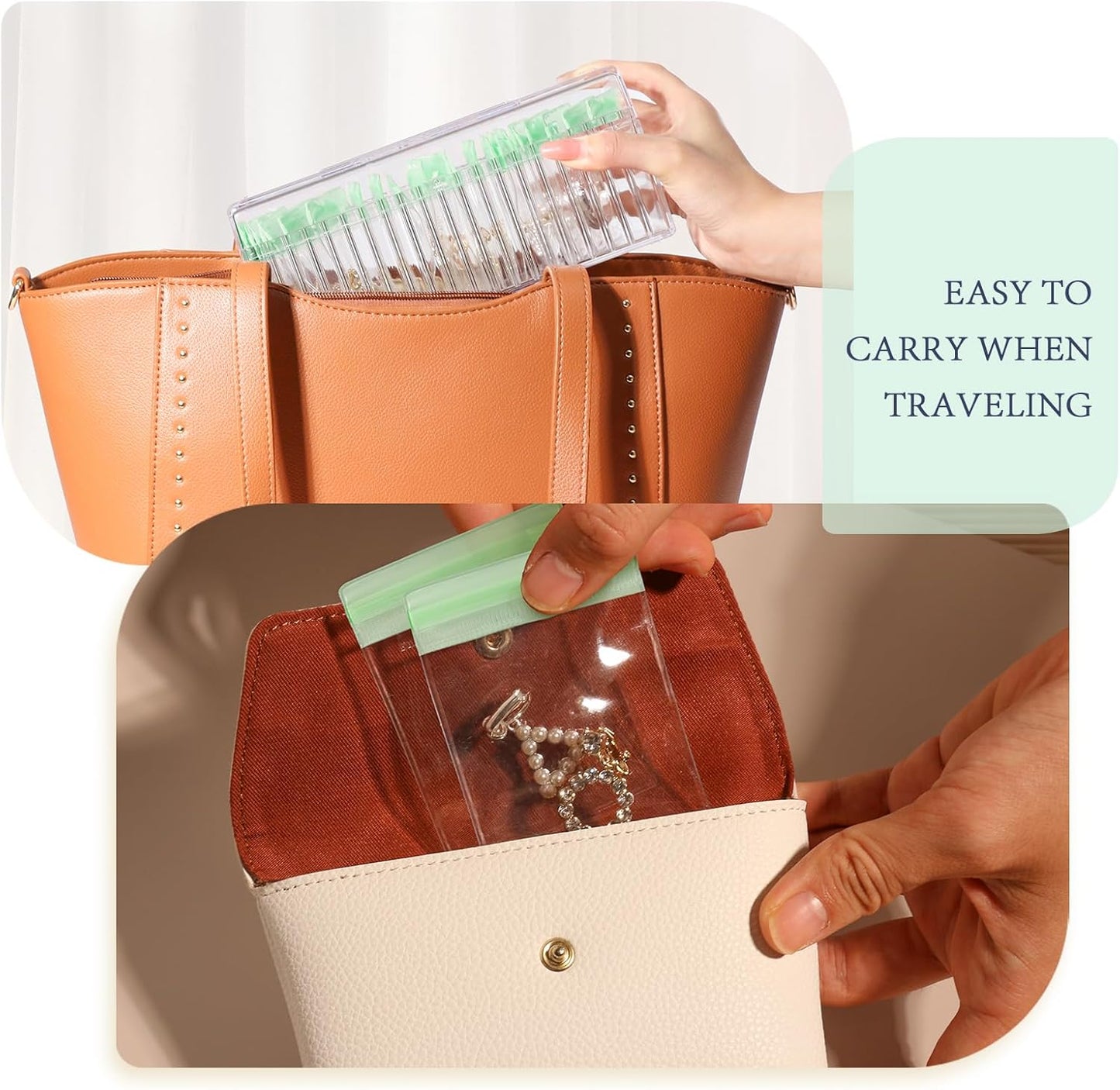 HOMEHIVE Acrylic Jewelry Box Organizer, Clear Jewelry Organizer Holder with 20 Portable Anti Tarnish Jewelry bags, Travel Jewelry Case for Earrings/Rings/Necklaces for Women Girls, Green