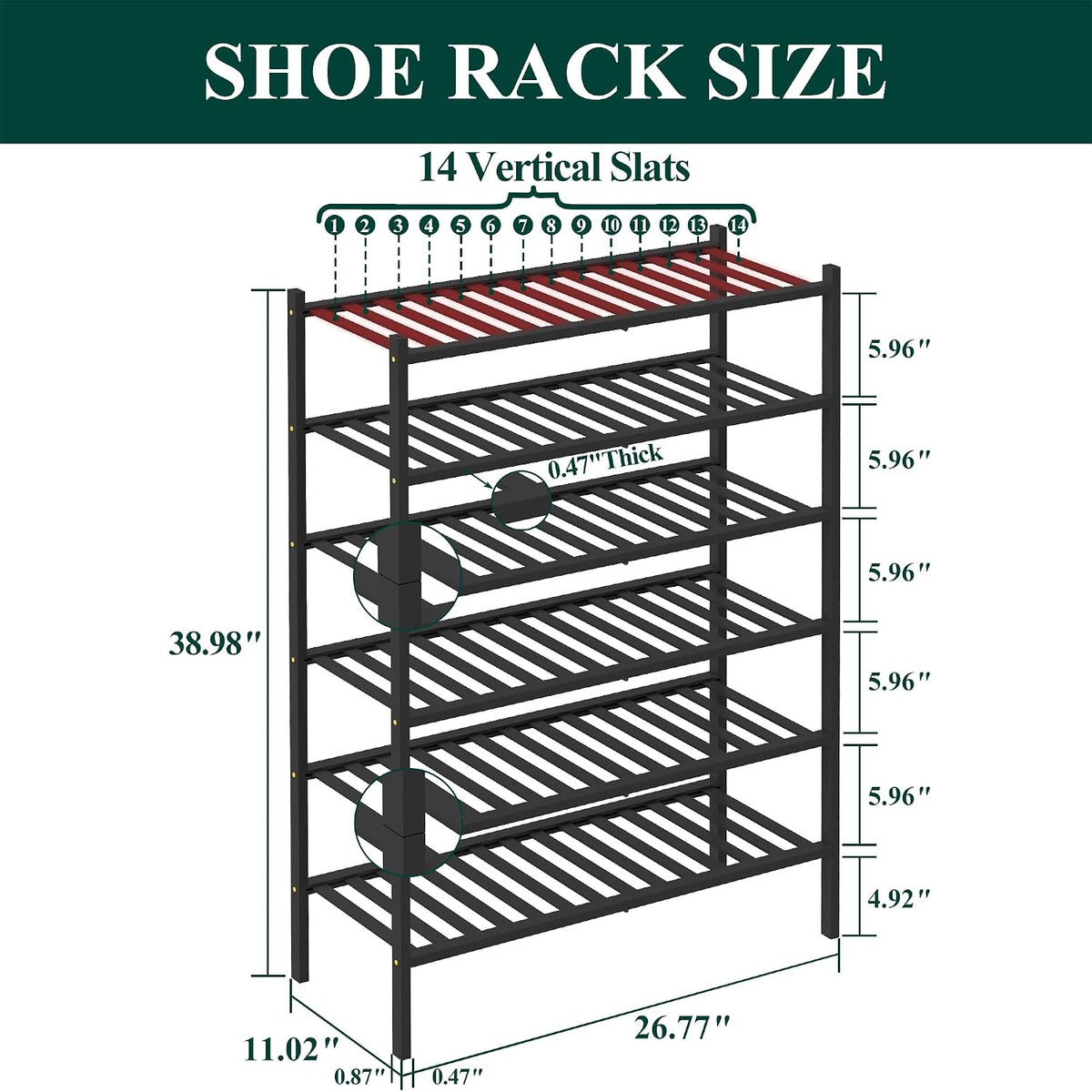 Smiry Bamboo Shoe Rack, 12 Vertical Slats, 6 Tier - 26.8" Wide, Black