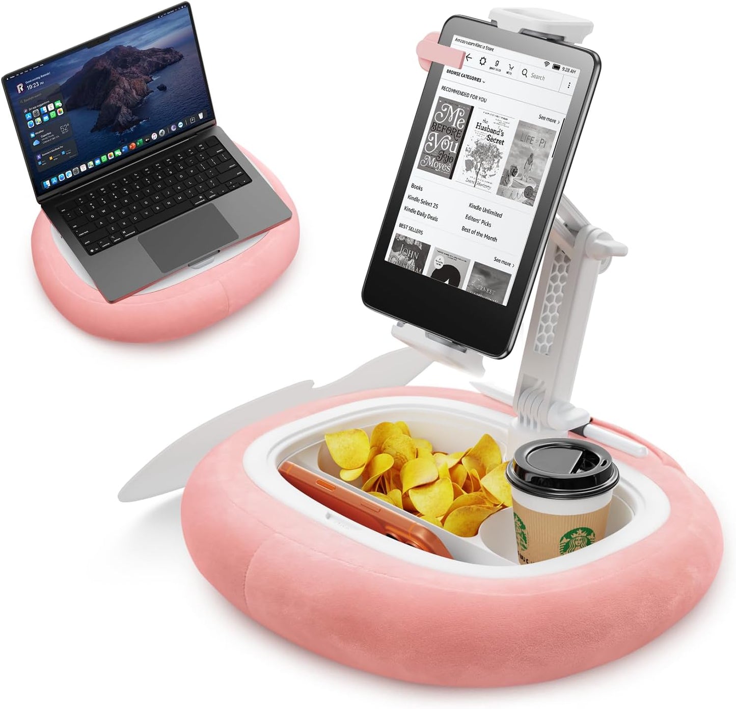 Tablet Kindle Pillow Stand Holder Free Adjustment with 3 Divided Trays Fit 4''-13'' Phone Kindle iPad Holder Stand Ultra Stable for Bed Soft Plus Fabric Dust Cover Lap Desk Kindle Accessories Pink