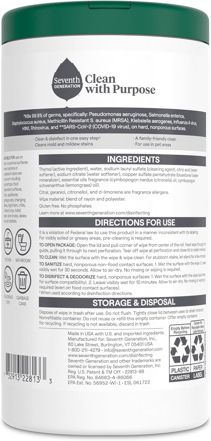 Seventh Generation Disinfecting Wipes, Lemongrass Citrus, 70 Count, 3 Pack, Botanical Multi-Surface Cleaner Kills 99.9% Germs, No Bleach, Plant-Based Formula for Home, Kitchen, Bathroom, Car Interior