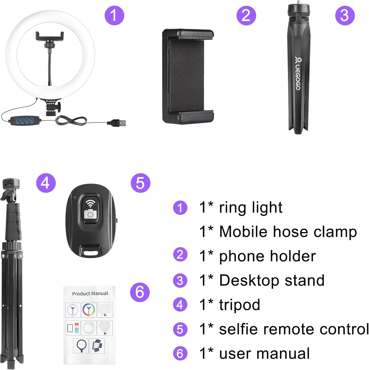 UEGOGO 10'' Ring Light with 72'' Tripod Stand & Phone Holder，38 Color Modes Dimmable LED Ringlight for Live Stream, YouTube,Makeup,TikTok