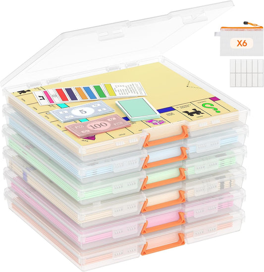 Lifewit 6 Pcs Board Game Storage Boxes, 12.2x10.6'' Paper Container with Secure Latch, Plastic Portable Organizer with Handle & Labels for File,Document,Puzzles, Cards, Art Supplies
