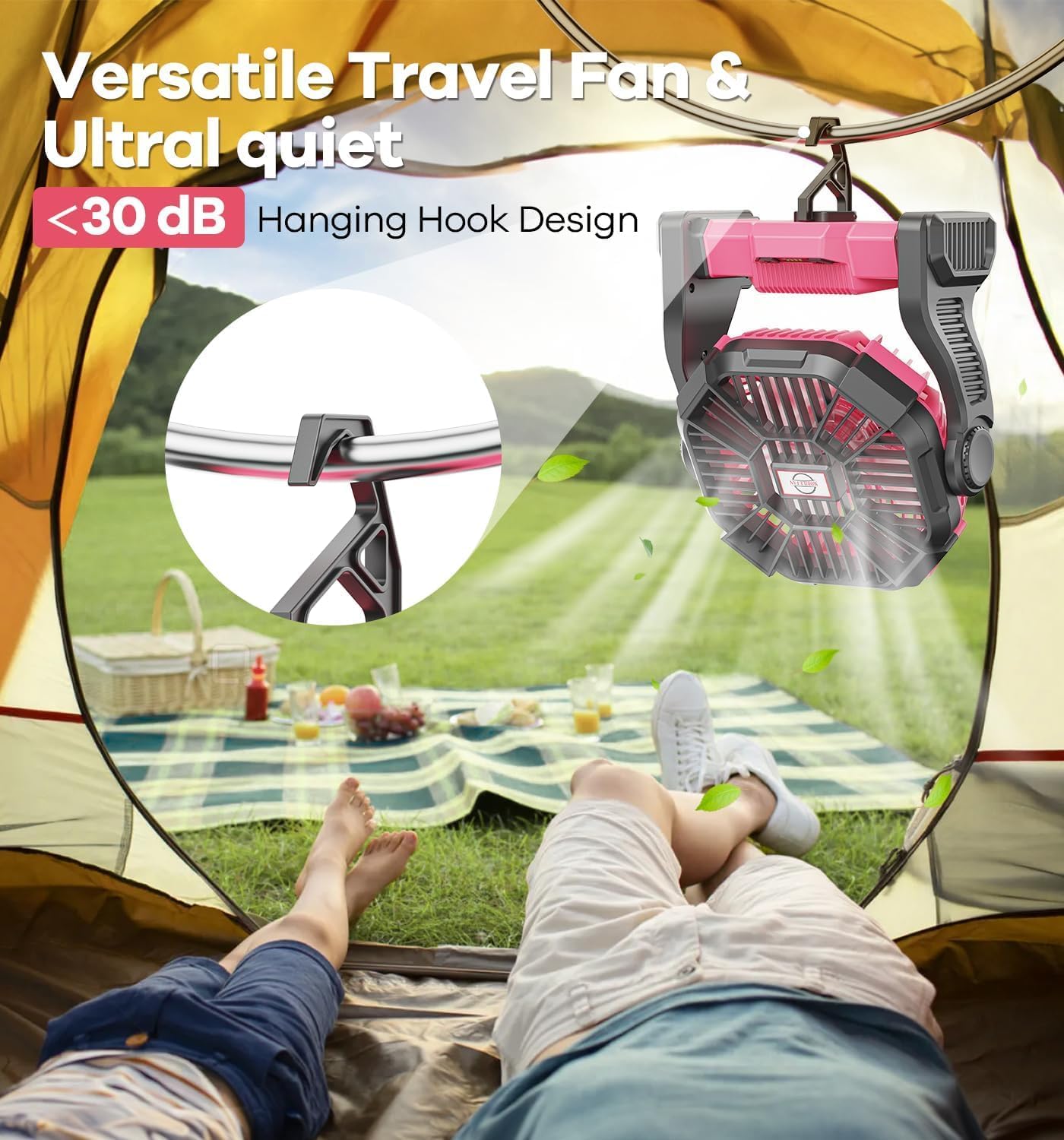 DOWILLDO 20000mAh Portable Battery Powered Camping Fan - with LED Light, Quiet Battery Operated, Camping Gear for Travel, Tent, Beach, Car or Hurricane Power Outages, Pink