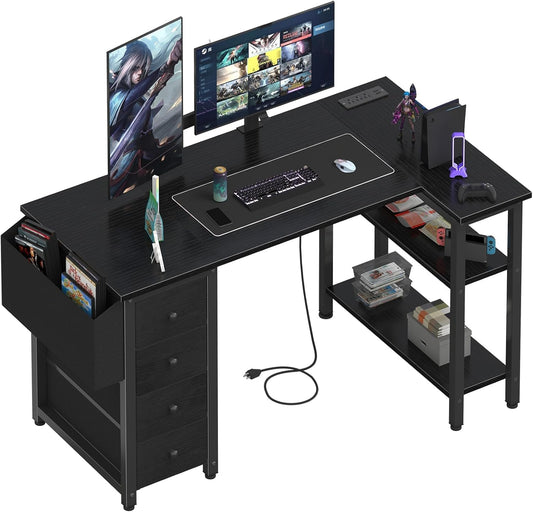 Lufeiya L Shaped Gaming Desk with Power Outlet, 47 Inch Reversible Corner Computer Desk with Drawers & Storage Shelves for Home Office Bedroom, L-Shaped Teen PC Desks with Fabric Drawer, Black