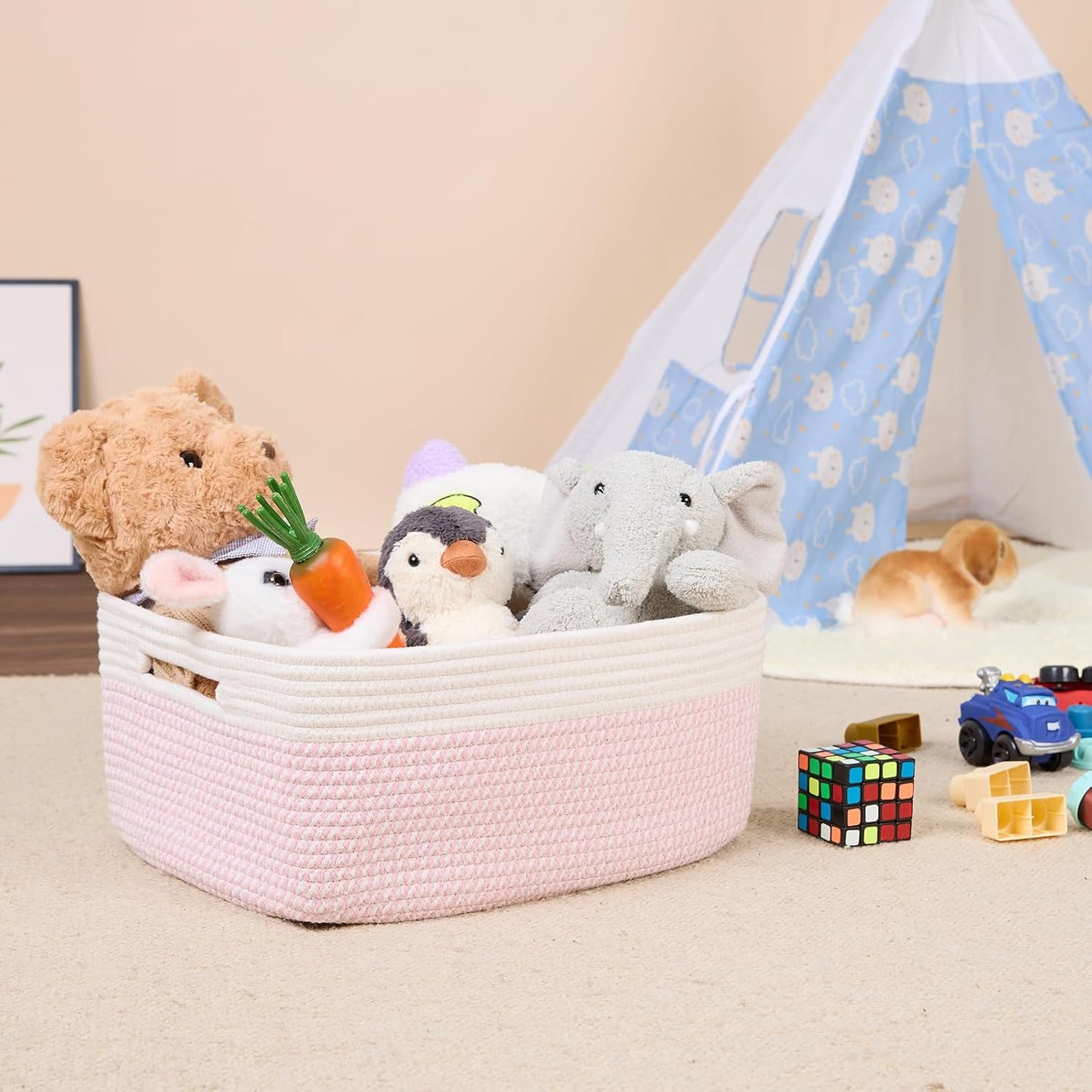 MiniArk Large Storage Baskets for Shelves, 17 x 13 x 7.5” Closet Organizers Bins for Clothes Blanket Towels, Baby Nursery, Toy Baskets Box, Woven Rope Baskets, 3 Packs Woven Pink