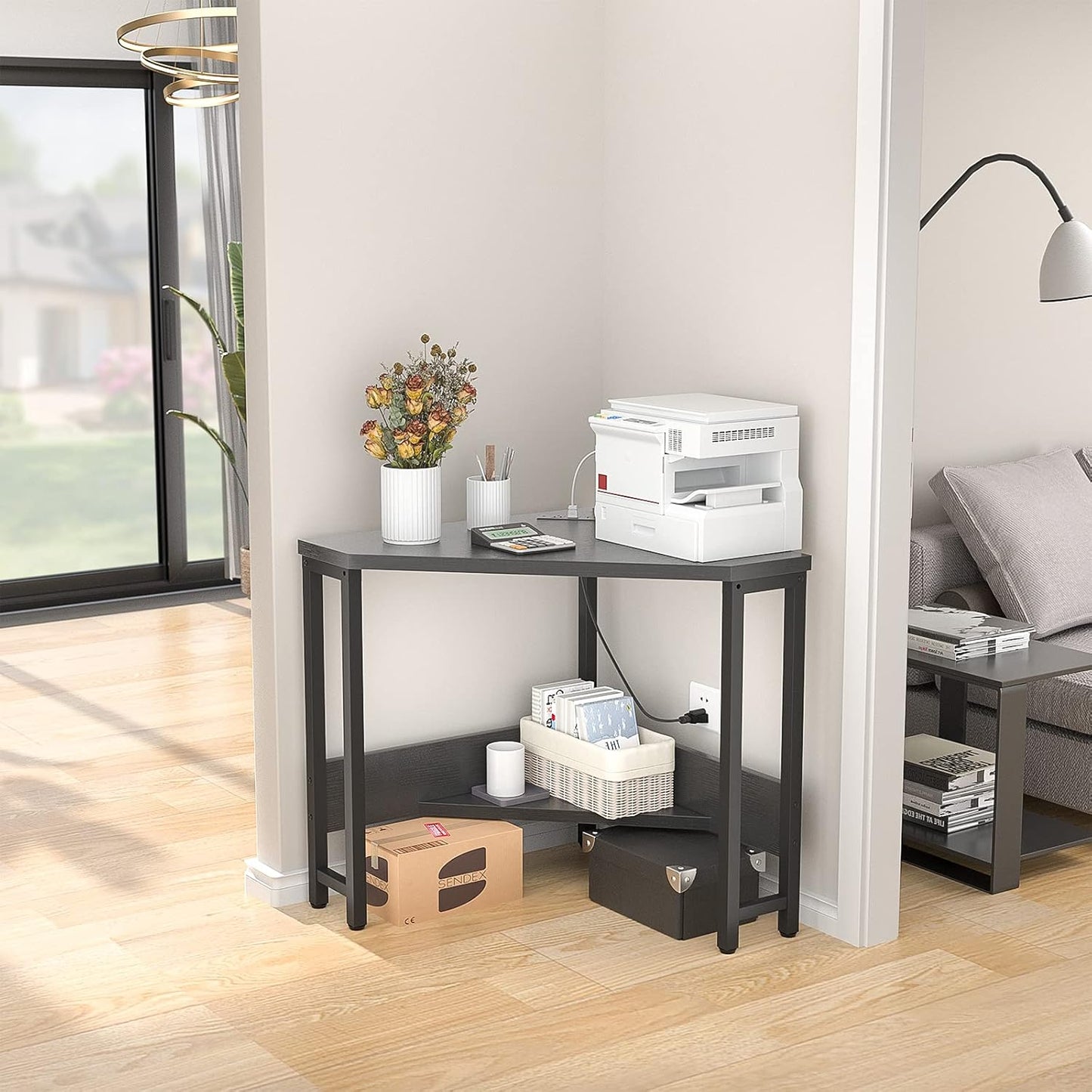 Armocity Corner Desk Small Desk with Outlets Corner Table for Small Space, Computer Desk with USB Ports Triangle Desk with Storage for Home Office, Workstation, Living Room, Bedroom, Black