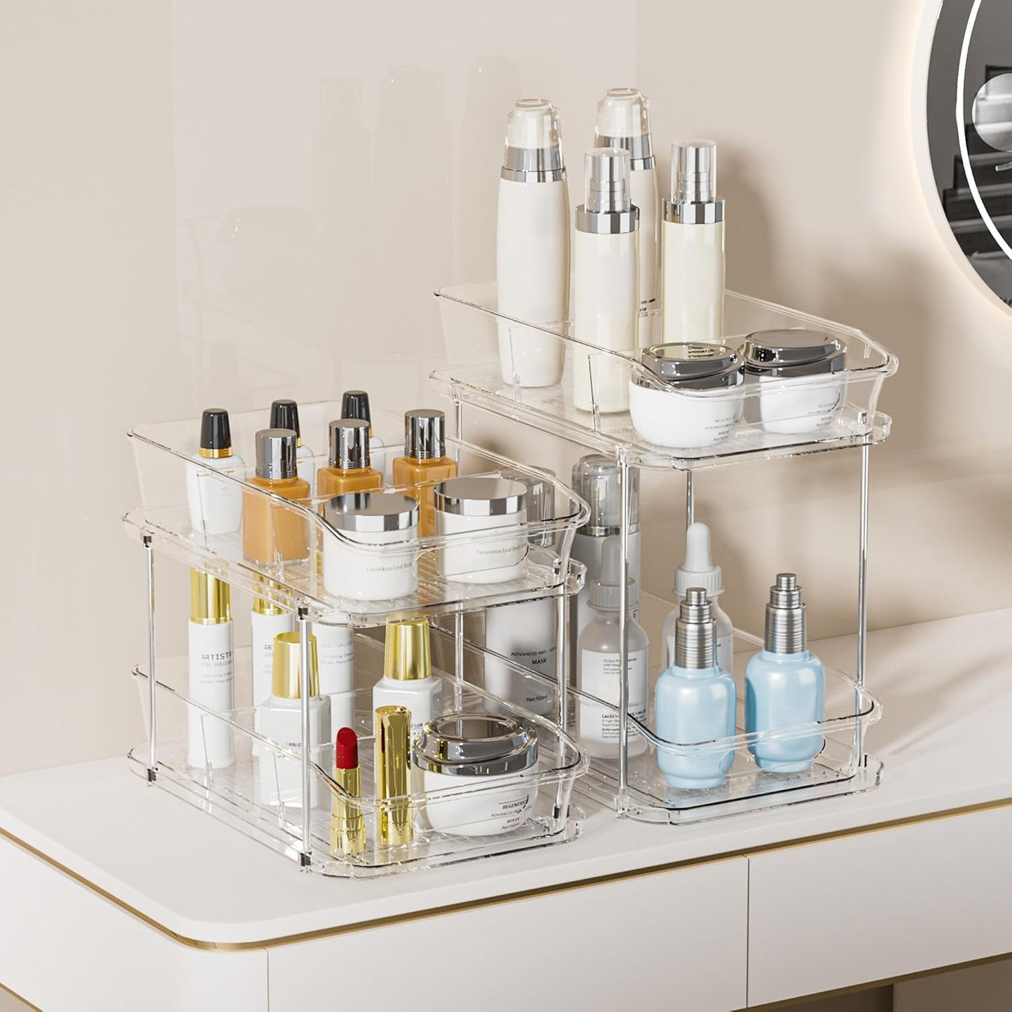 Delamu 2-Tier Under Sink Organizers and Storage, Multi-Purpose Stackable Bathroom Cabinet organizers, Pull Out Kitchen Pantry Organization and Storage with Dividers(2 Pack, Clear)