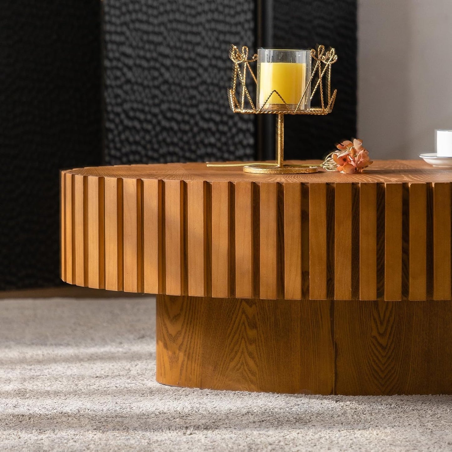 Oval Fluted Coffee Table (Oval Wood 43.3in) | Drum Coffee Tables for Living Room | Modern Pedestal Center Table