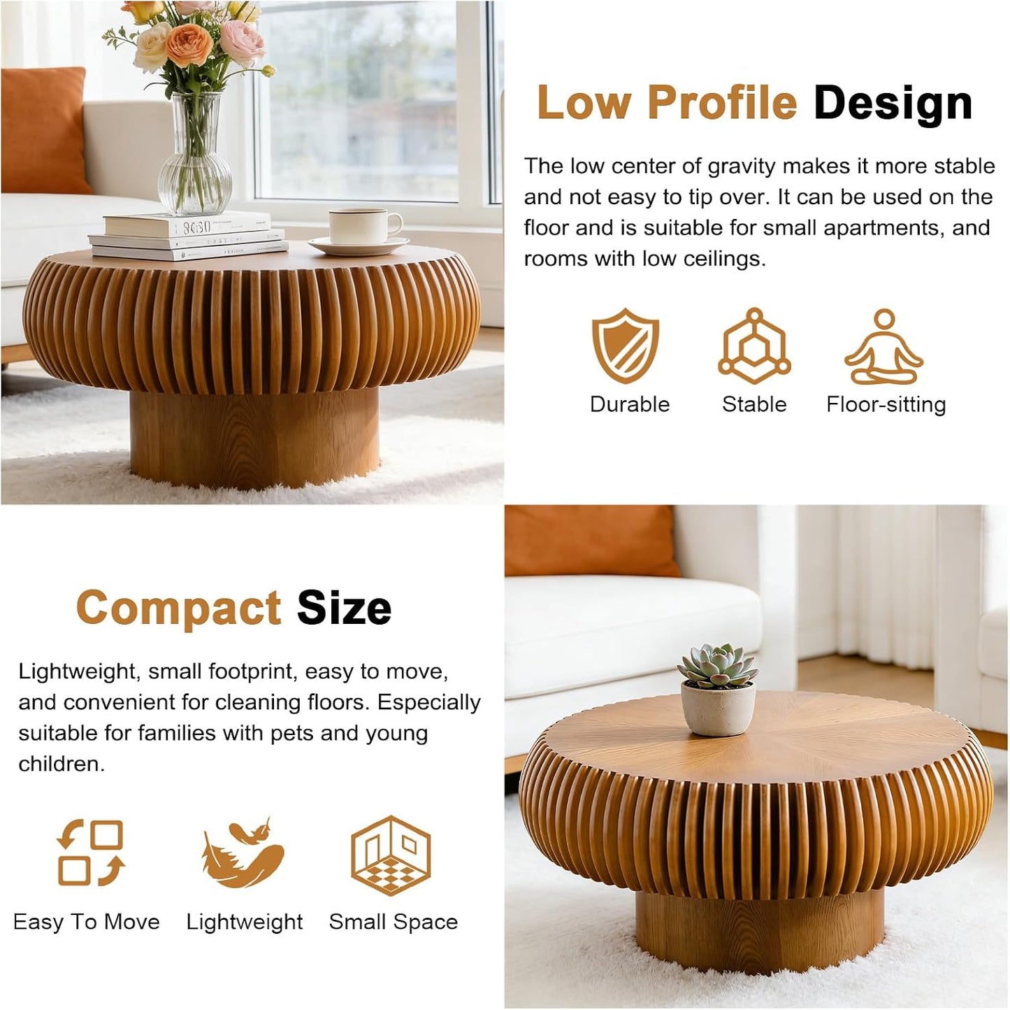 31" Brown Round Wood Fluted Coffee Table for Living Room (D) | Drum Shape, Wood Veneer Top & Base, Rustic Modern Style, Low Circle Center Table, For Apartment Small Space, Easy to Assemble