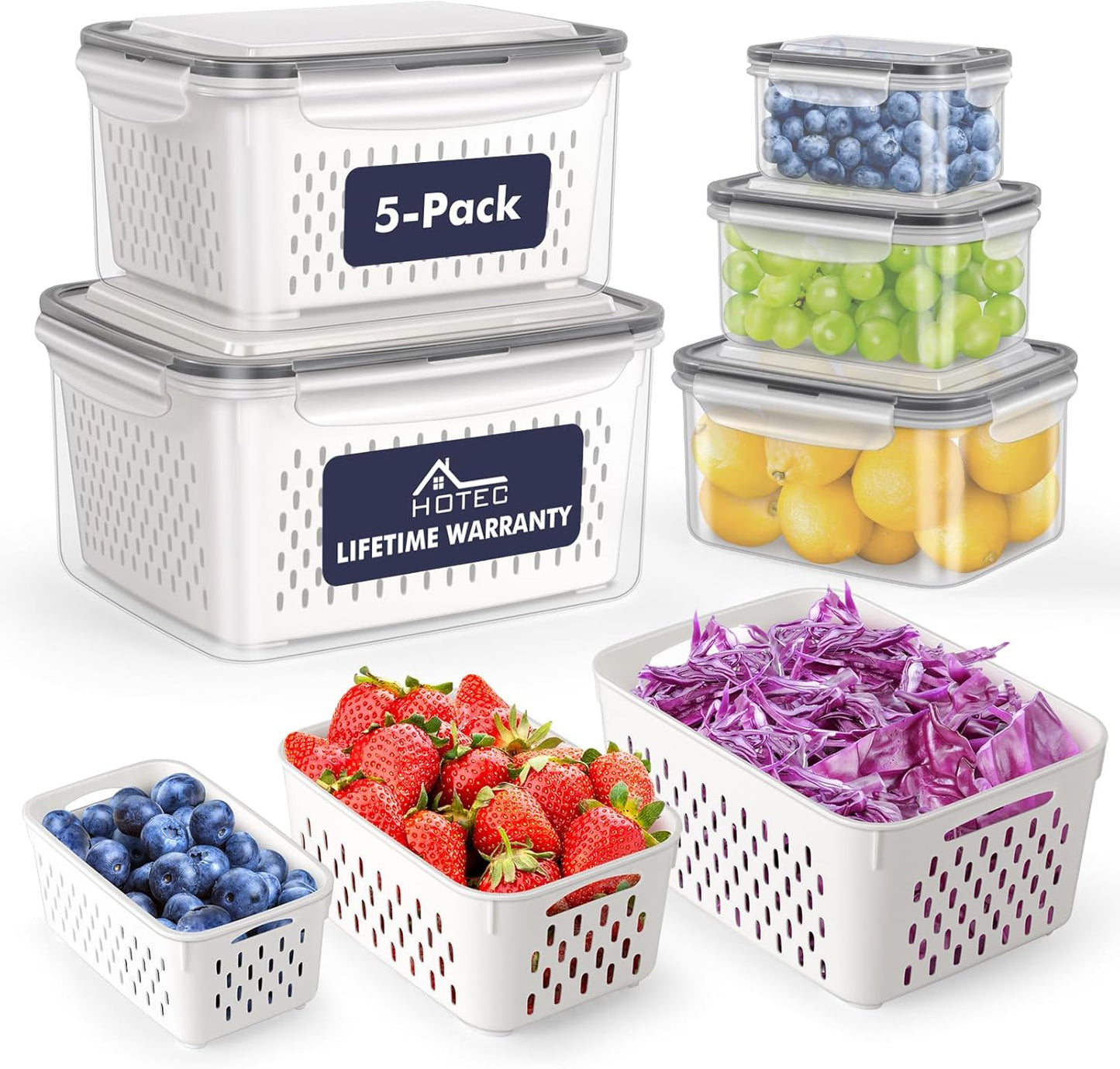 HOTEC 4-Pack Large Fruit Storage Container for Fridge Leak proof with Removable Colander, BPA Free Dishwasher & microwave safe Largest 3.15L