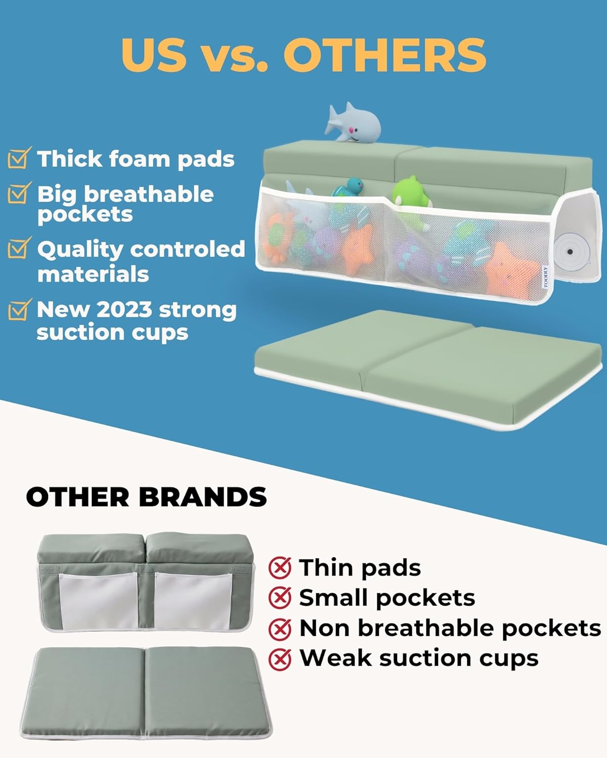 Comfortable Baby Bath Kneeler and Elbow Rest Pad Set – Thick Memory Foam Bath Kneeling Pad with Elbow Support – Baby Bathtub Cushion with Toy Organizer for Bathing Infant or Toddler - Green