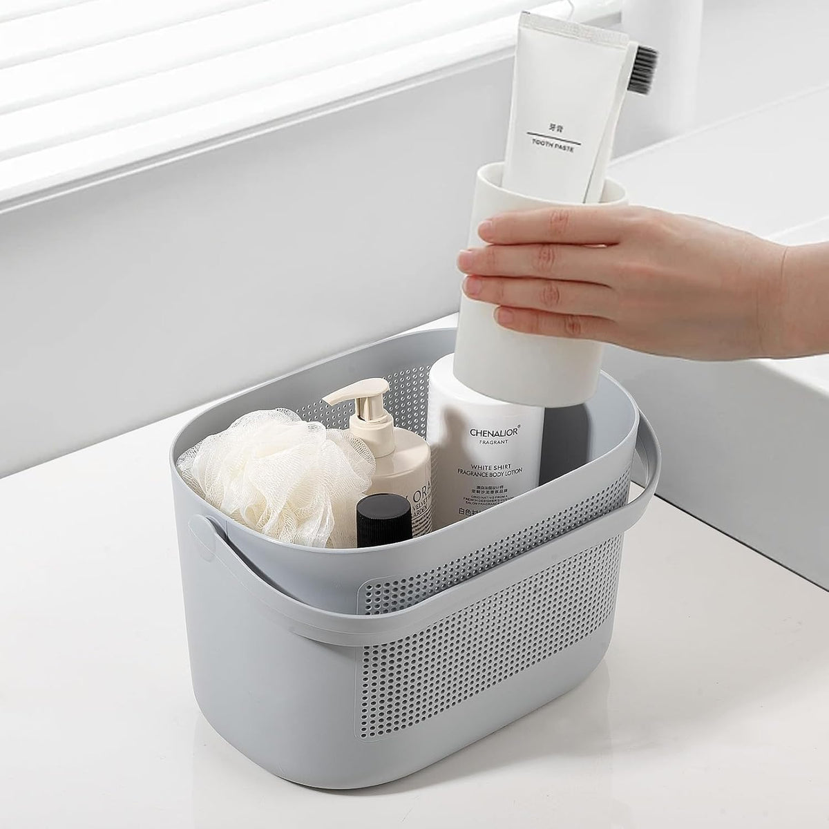 UUJOLY Plastic Storage Baskets with Handles, Shower Caddy Shelf Organizers Basket for Bathroom, Kitchen, Dorm Room, Gray