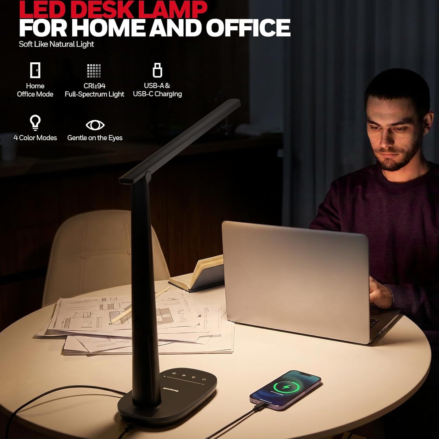 Honeywell LED Desk Lamp for Home Office, Eye-Caring Dimmable Reading Light with 4 Color Modes, Touch Control, USB-A & USB-C Charging Ports, Adjustable Head, Timer for Bedroom & Small Desks