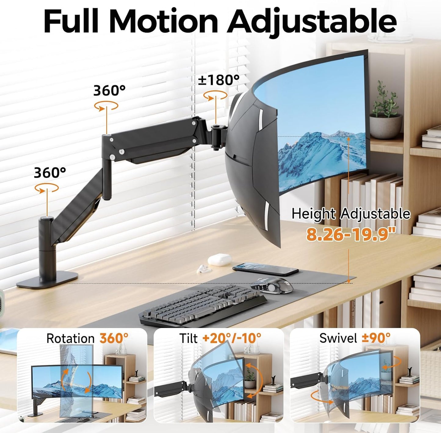 Suptek Single Monitor Arm for 27–57 Inch Ultrawide Large Screen Monitors, Heavy Duty Gas Spring Desk Mount with Tilt Swivel, VESA 75/100, Supports 59.4 lbs, Clamp & Grommet, MD71MAX