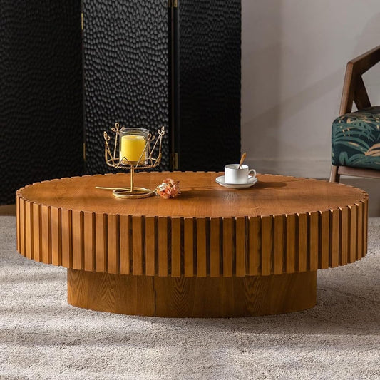 Oval Fluted Coffee Table (Oval Wood 43.3in) | Drum Coffee Tables for Living Room | Modern Pedestal Center Table