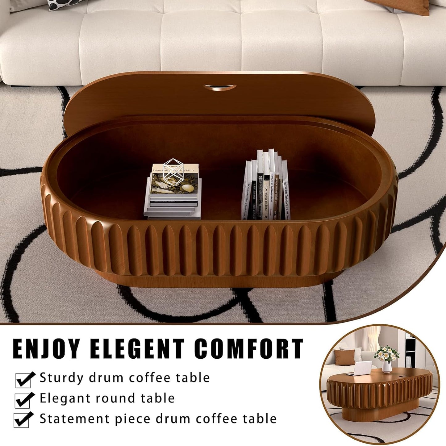 43.3" Oval Drum Fluted Coffee Table with Storage (O) | Mid-Century Modern, Easy Assembly, Sturdy Pedestal, Center Tables for Apartment Living Room