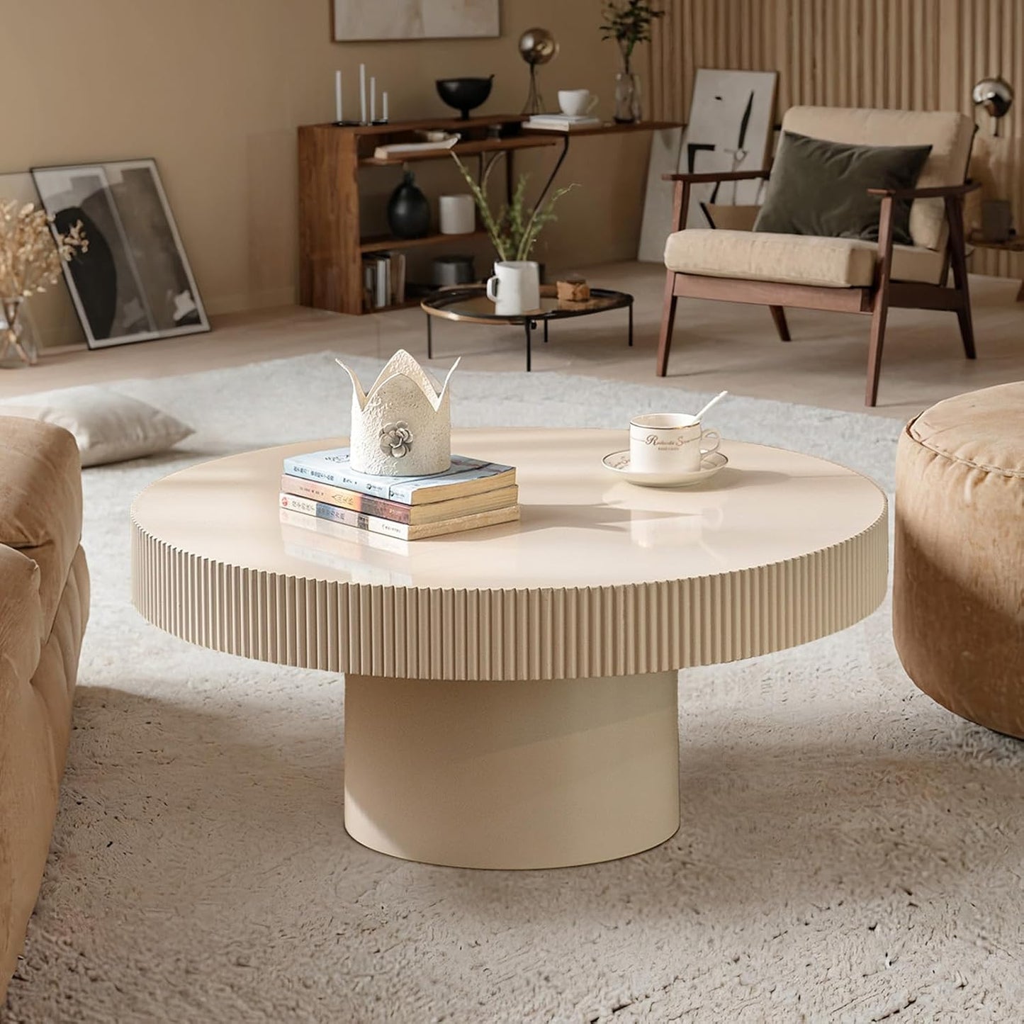 30.71" Round Drum Coffee Table,White | Modern Handcraft Fluted Accent Table, Sturdy Pedestal Circle, Luxury Center Table, For Living Room Home Office