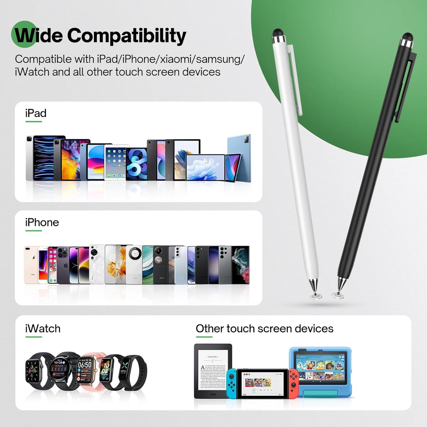 Stylus Pen for Touchscreen (2 Pack) - Mixoo 2-in-1 High Sensitivity Retractable Stylus with Smaller Disc Tip Universal Stylus for iPad iPhone Tablets Switch Capacitive Touch Screens (Black + White)