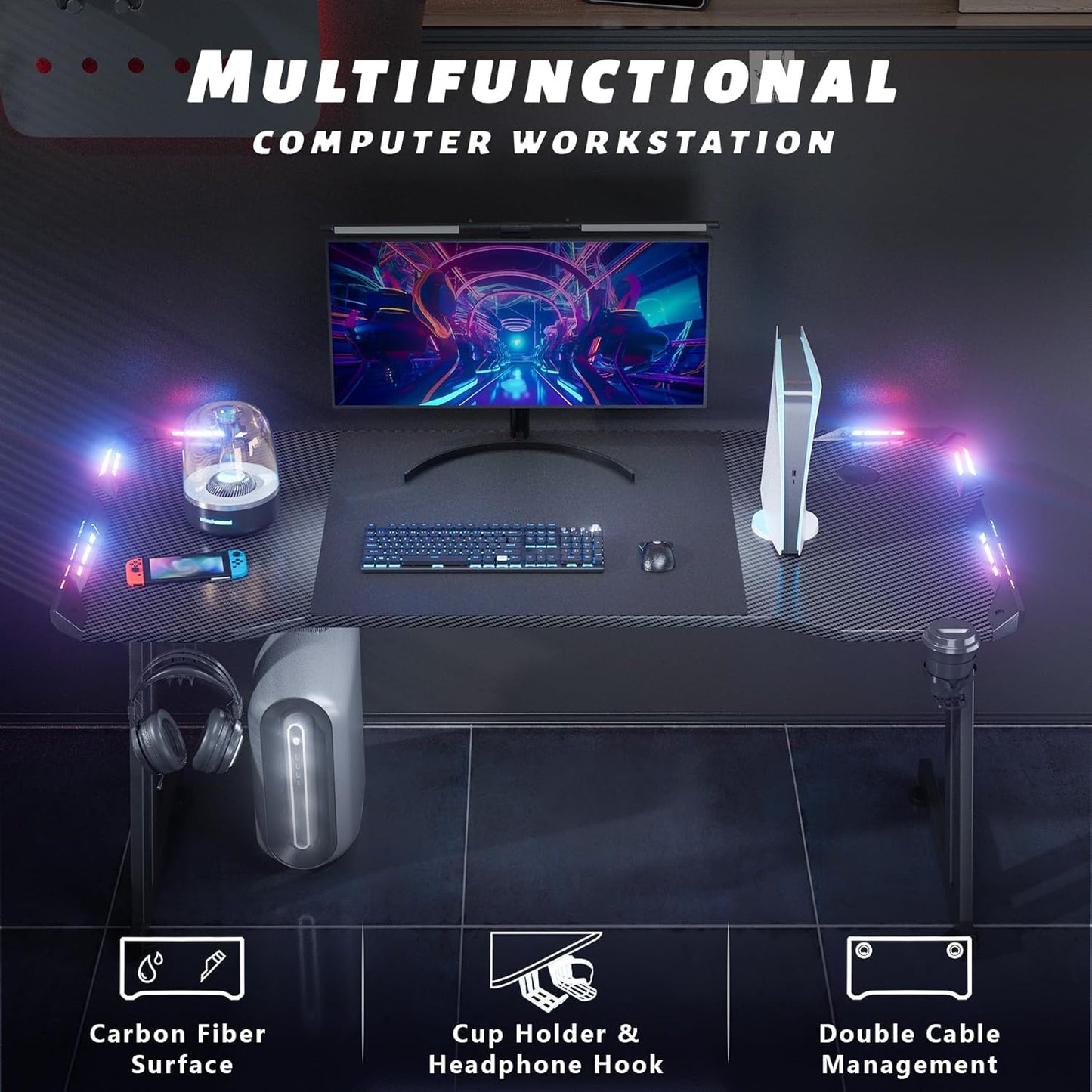 HLDIRECT 47 Inch Gaming Desk with LED Lights, Large RGB Computer Gaming Desk Table with Cup Holder Headphone Hook Mouse Pad, Ergonomic Modern Carbon Fiber Mesa Gamer Pc Work Home Office Desks, Black