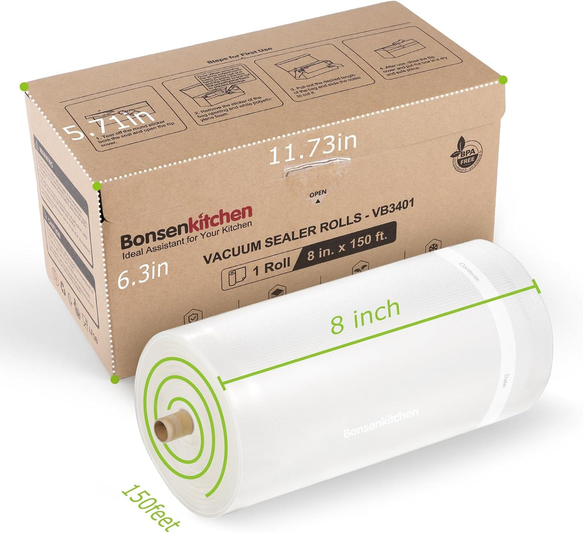 Bonsenkitchen 8” x 150’ Vacuum Sealer Bags Rolls with Cutter for Food