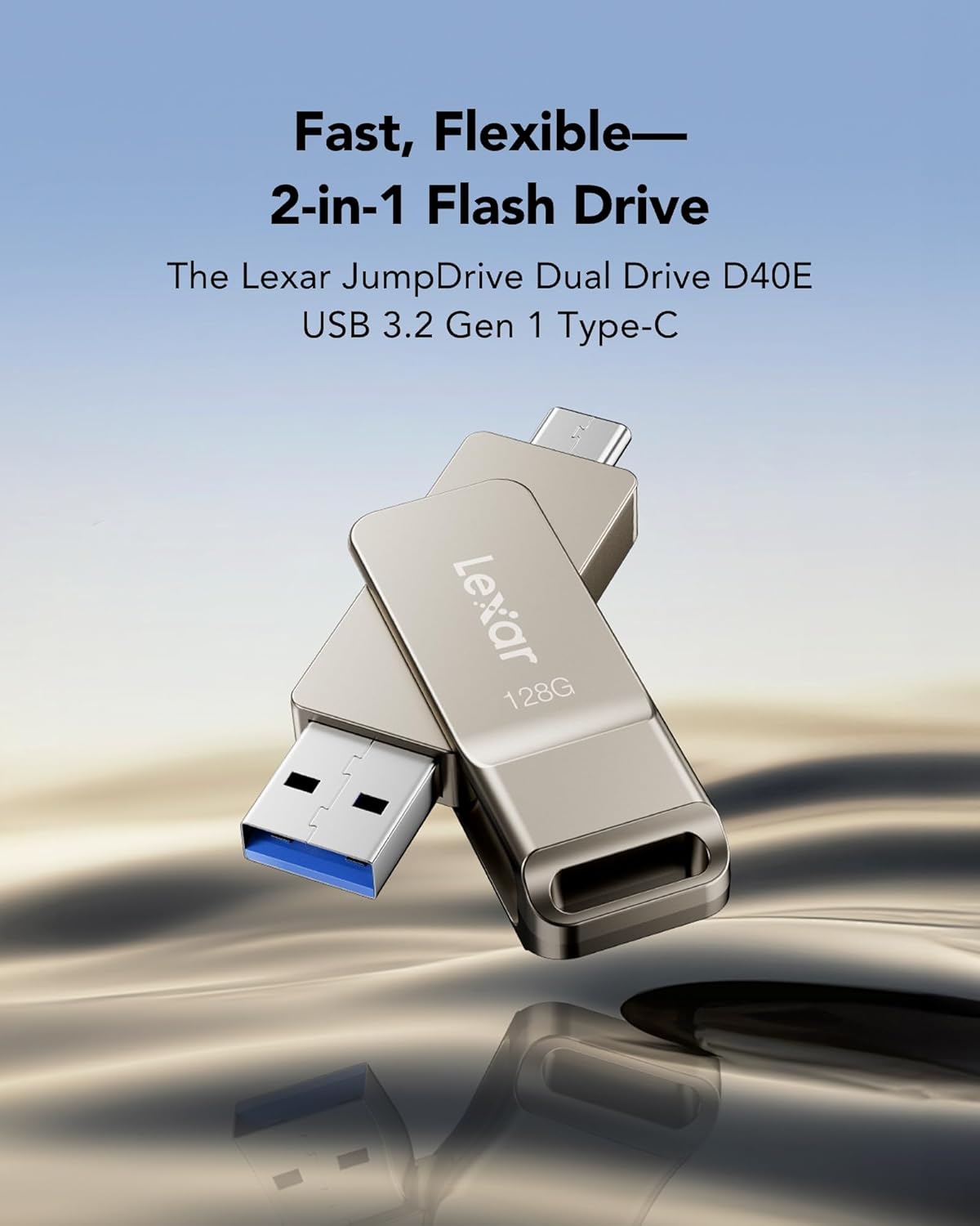Lexar D40E 128GB Dual USB 3.2 Gen 1 Type-C Jump Drive, USB-C Flash Metal Housing Swivel Design Thumb Drive(Champagne Silver)