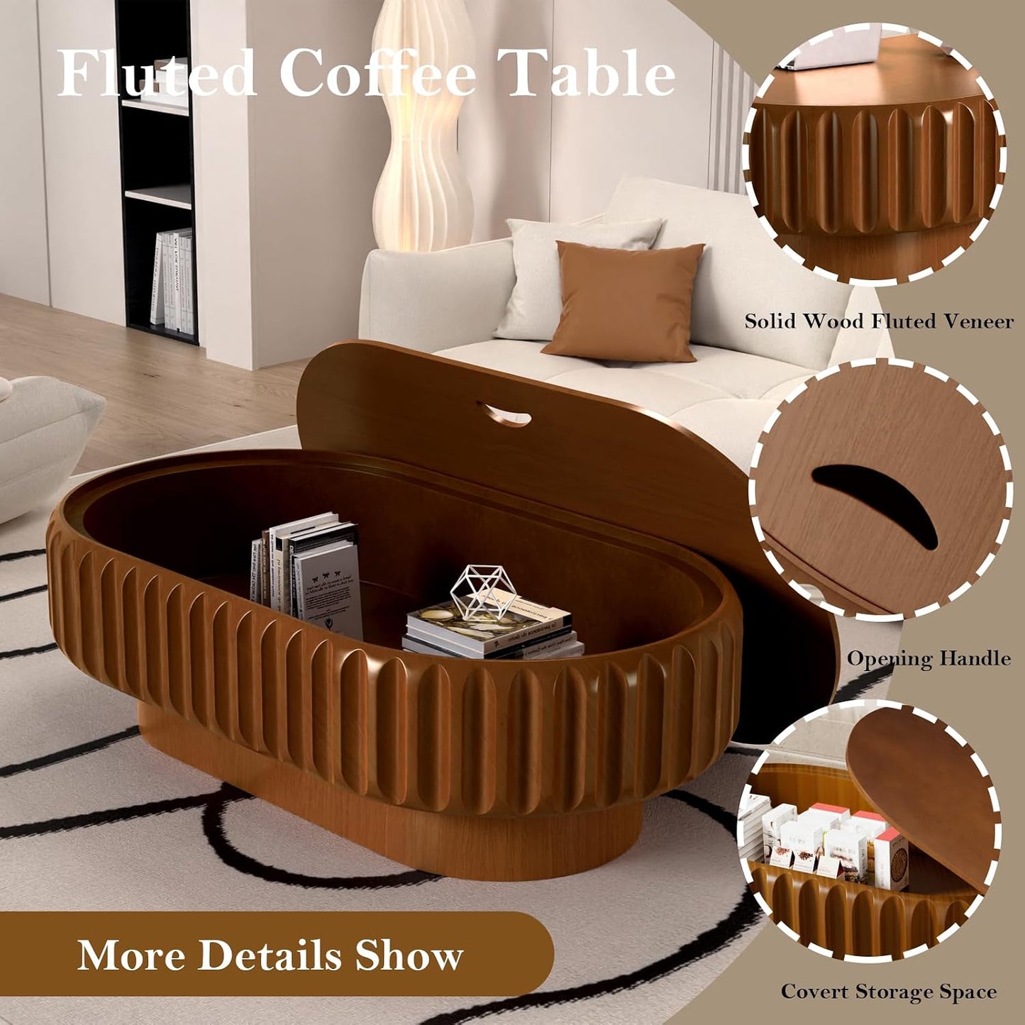 Chic Drum Coffee Table with Storage (E 43.3in) | 43.3" Rustic Oval Center Table - Solid Wood Fluted Veneer | Easy Assemble | for Living Room Apartment